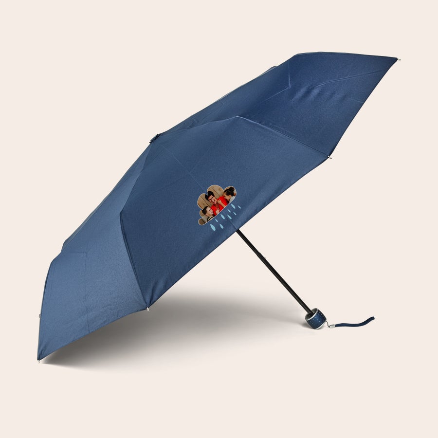 Guarda-chuva Guarda-chuva dobrável azul marinho personalizado com foto de família em forma de nuvem e gotas de chuva, impresso