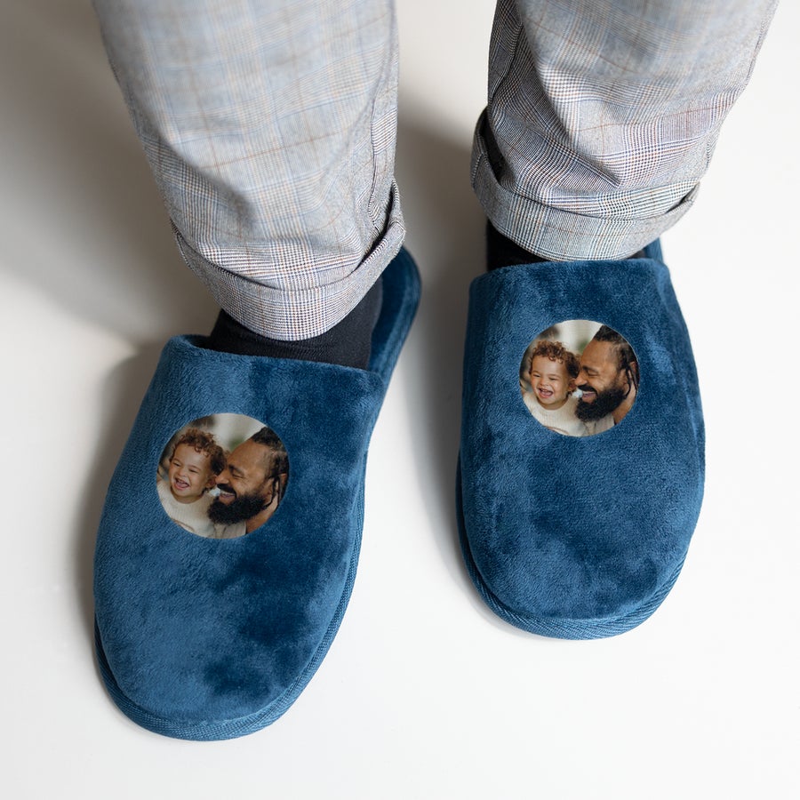 Pantofle z nadrukiem Miękkie, spersonalizowane kapcie z własnym projektem, wydrukowane zdjęciem taty z dzieckiem