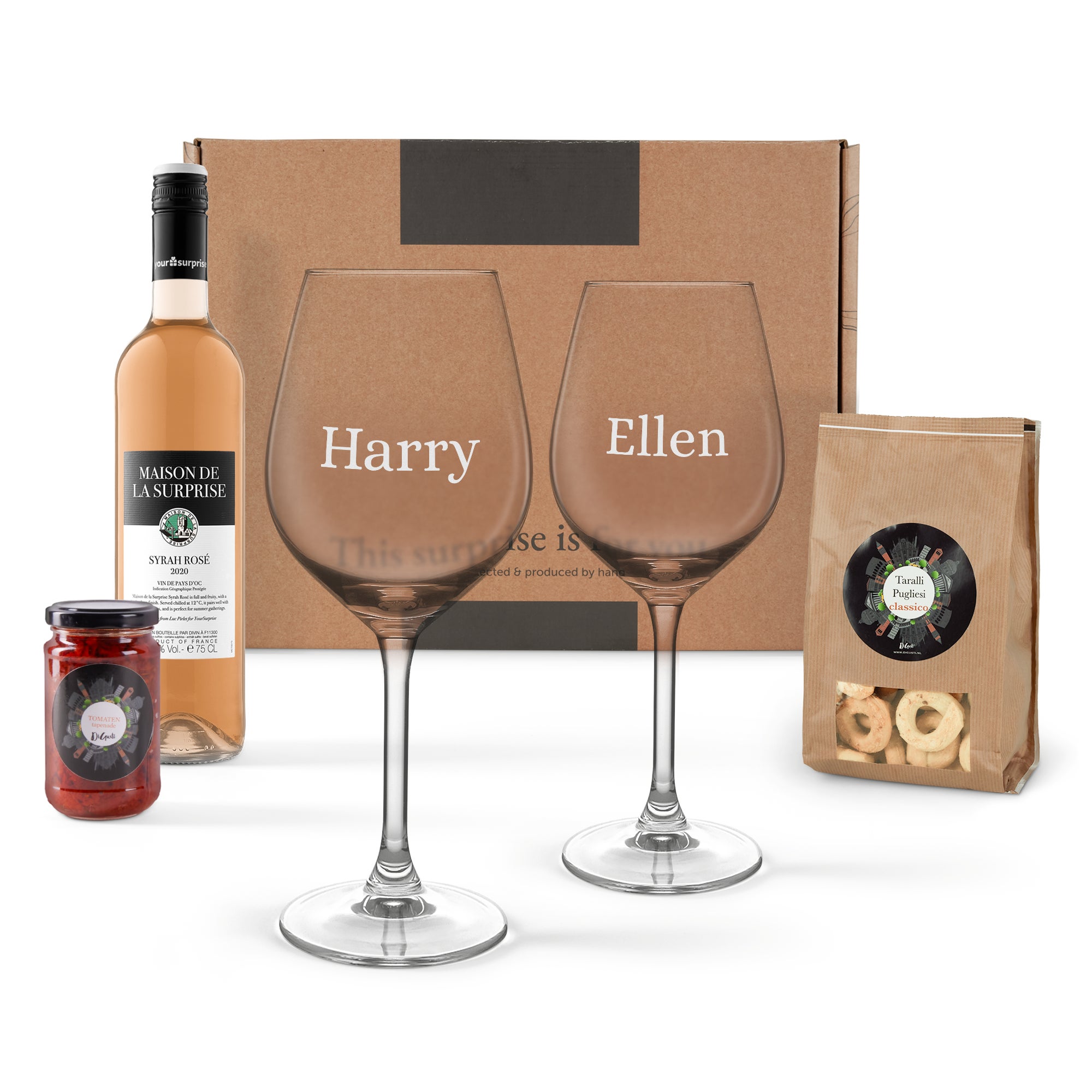 Wine & snacks gift set - Rose - Engraved glasses