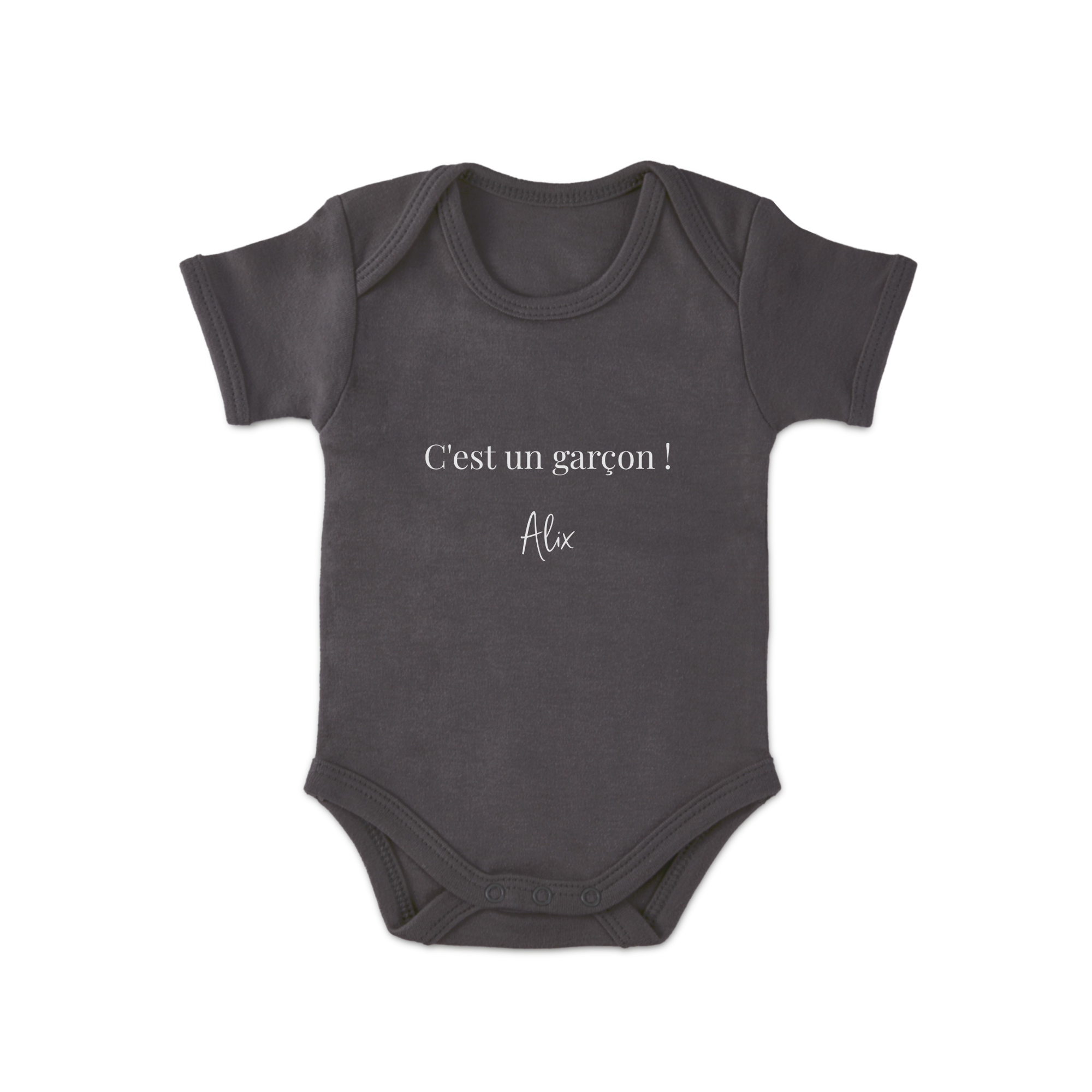 Body bébé personnalisé anthracite imprimé avec C'est un garçon et le prénom Alix