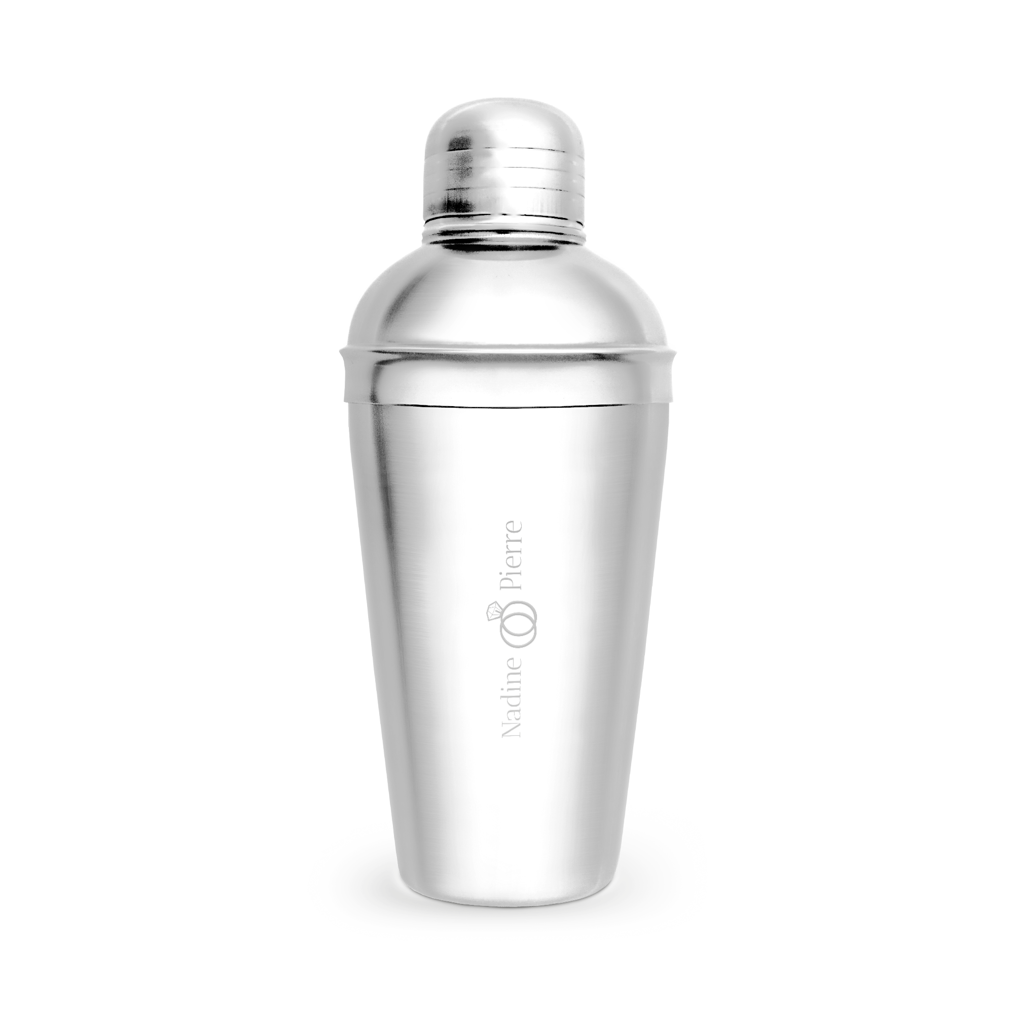 Shaker personnalisé en acier inoxydable gravé avec le texte Nadine et Pierre et un motif de bague