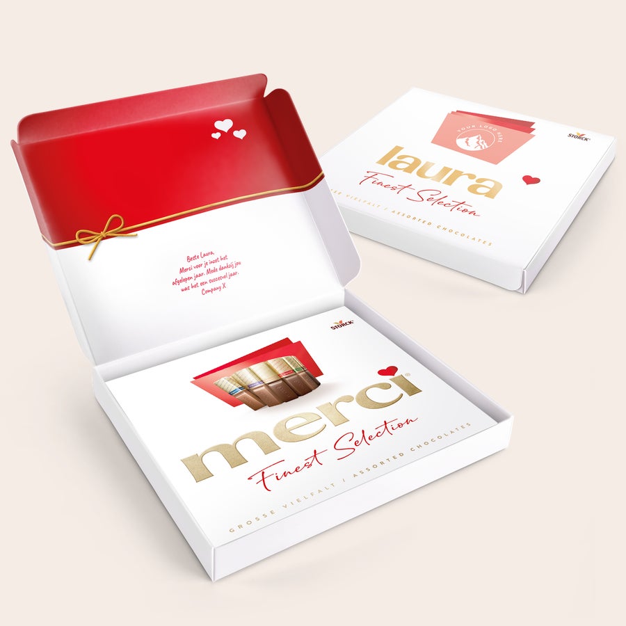 merci doos personaliseren - 250 gram Merci doos personaliseren 250 gram, met gepersonaliseerde wikkel, logo en tekst Beste Laura.