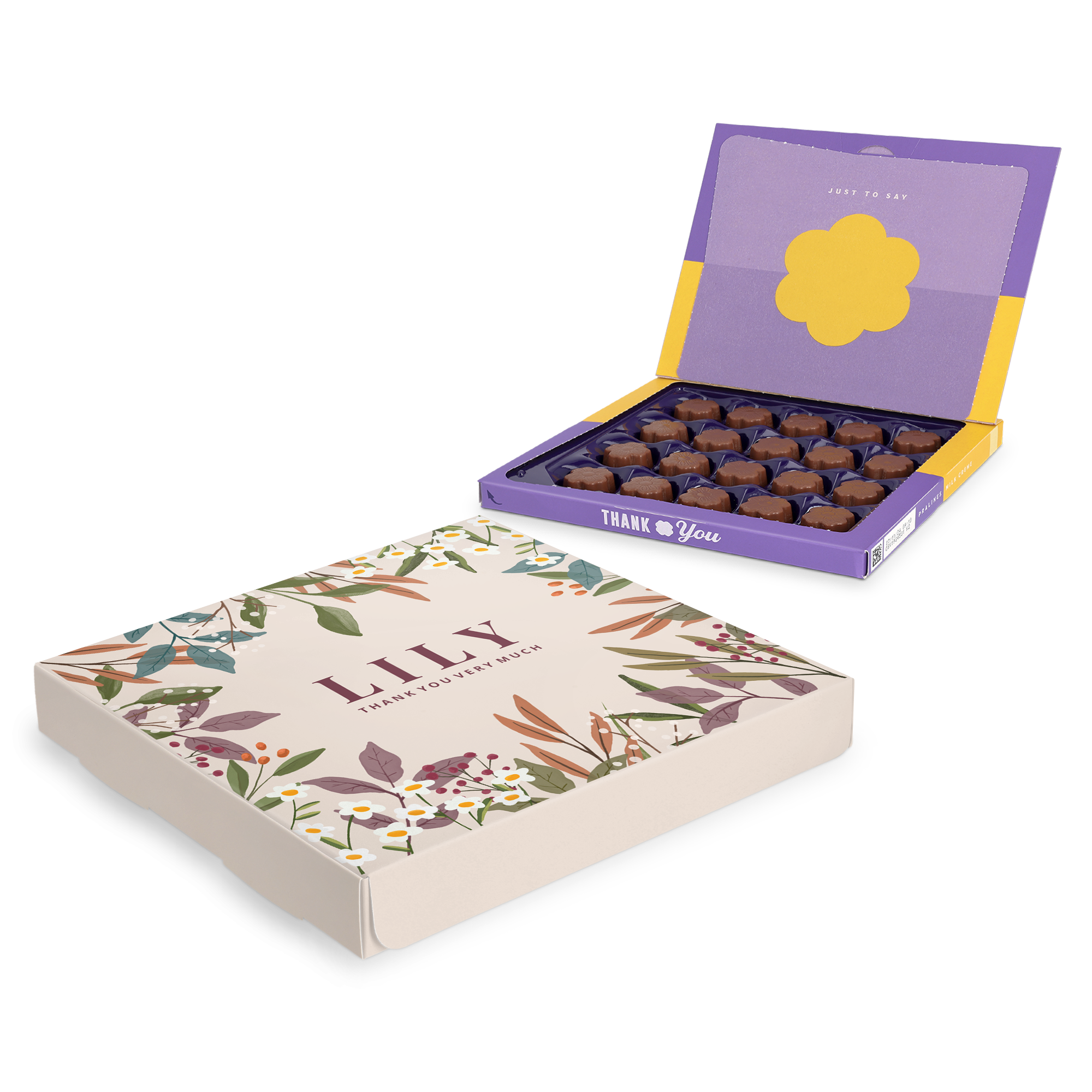 Confezione regalo Milka personalizzata con nome Lily e testo stampati, fiori viola e praline di cioccolato
