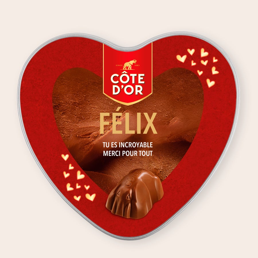 Boîte de Chocolat - Mini Bouchée Côte d'Or Boîte cadeau personnalisée Coeur Mini Bouchée rouge avec le nom Félix et le message Tu es incroyable Merci pour tout