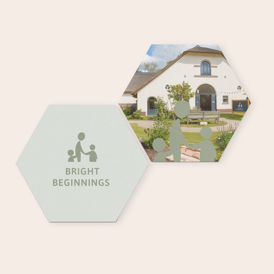 Panouri de perete personalizate Set de plăci foto hexagonale din forex, personalizate cu imagini și textul Bright Beginnings, ideale pentru a-ți decora peretele.