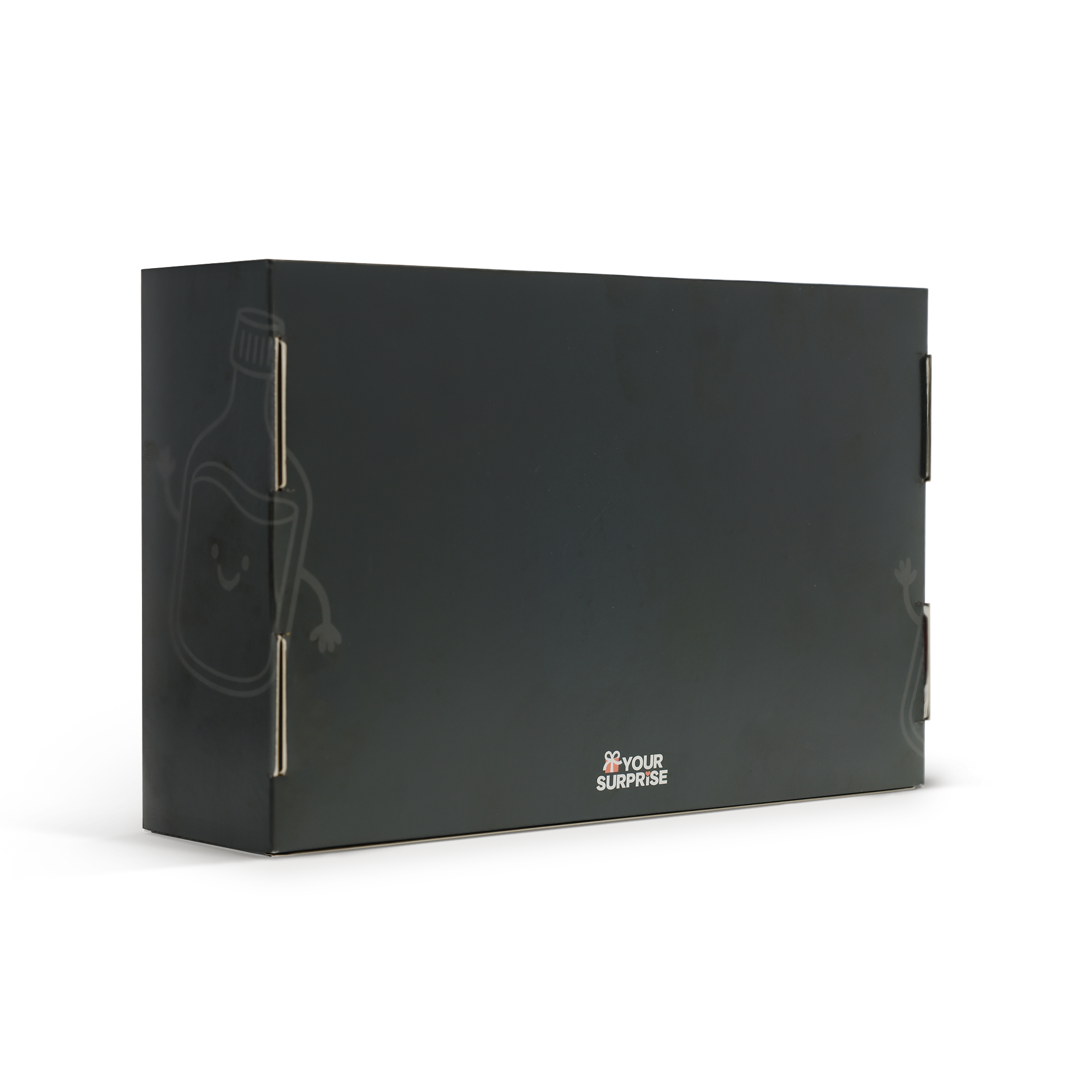 Scatola regalo nera per set personalizzato per la degustazione di alcolici in miniatura con disegni di bottiglie sui lati