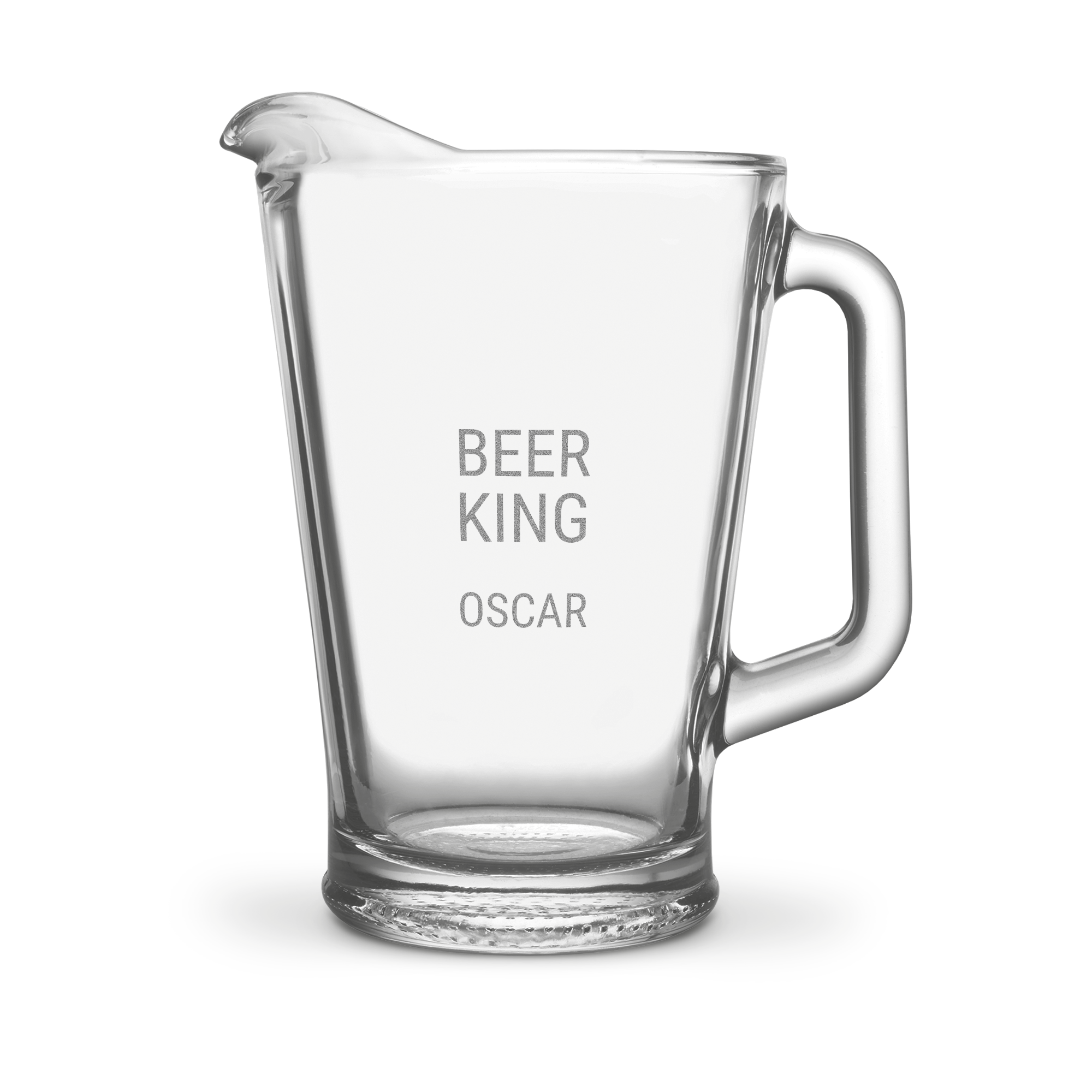 Skleněná karafa s uchem gravírovaná s textem Beer King Oscar