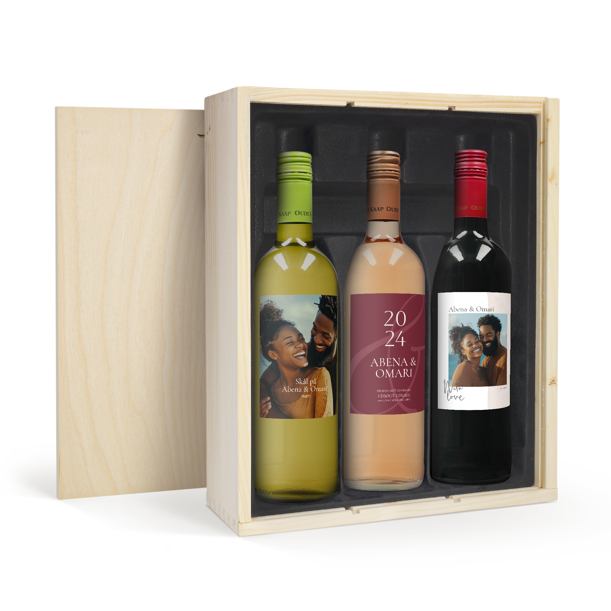 Vin Gavesæt med personlig etikette og trækasse - Oude Kaap (rød/hvid/rosé)