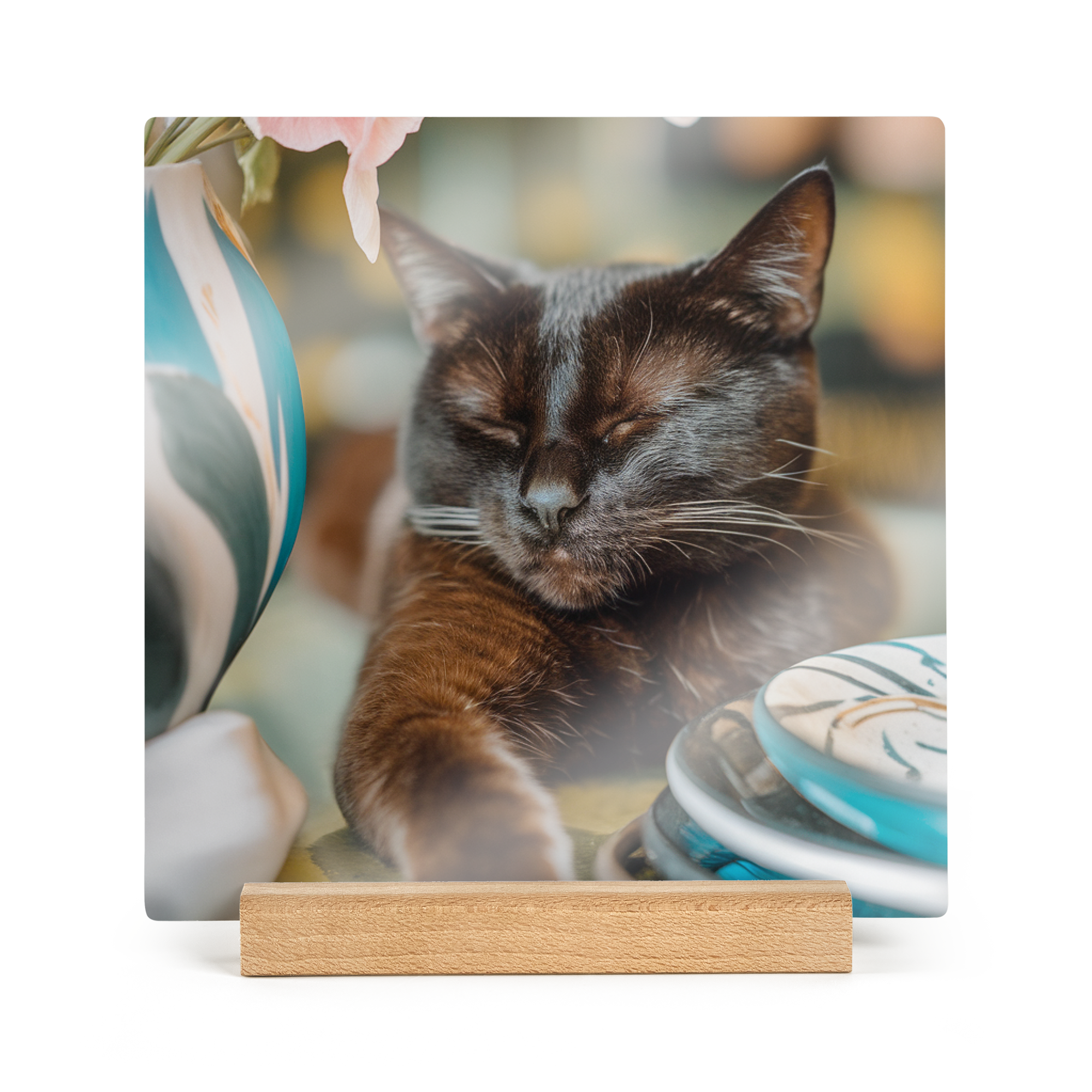 Eine quadratische Fotofliese aus Holz mit schlafender Katze als gedrucktes persönliches Foto zum Überraschen Ihrer Liebsten.