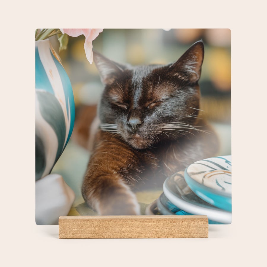 Piastrella in Legno con Foto Personalizzata Piastrella in legno quadrata con foto personalizzata di un gatto nero addormentato stampata, su supporto in legno
