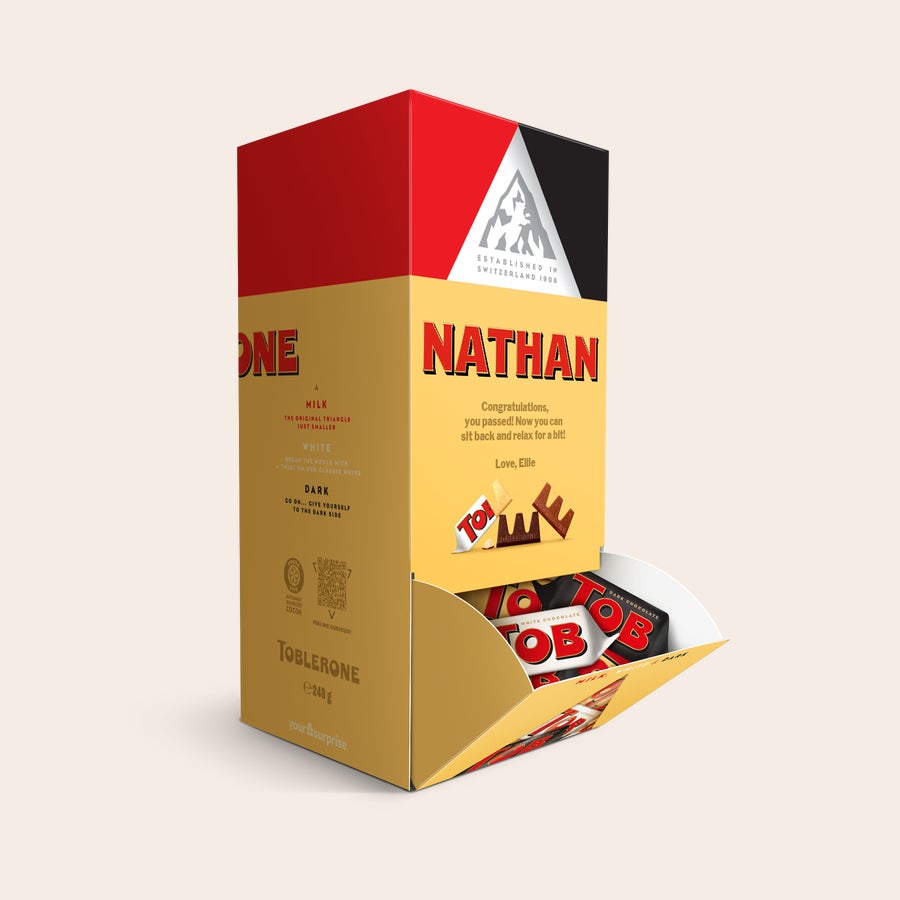 Toblerone chocolate dispenser Personalised Toblerone chocolate dispenser with the name Nathan and a custom message printed in full color