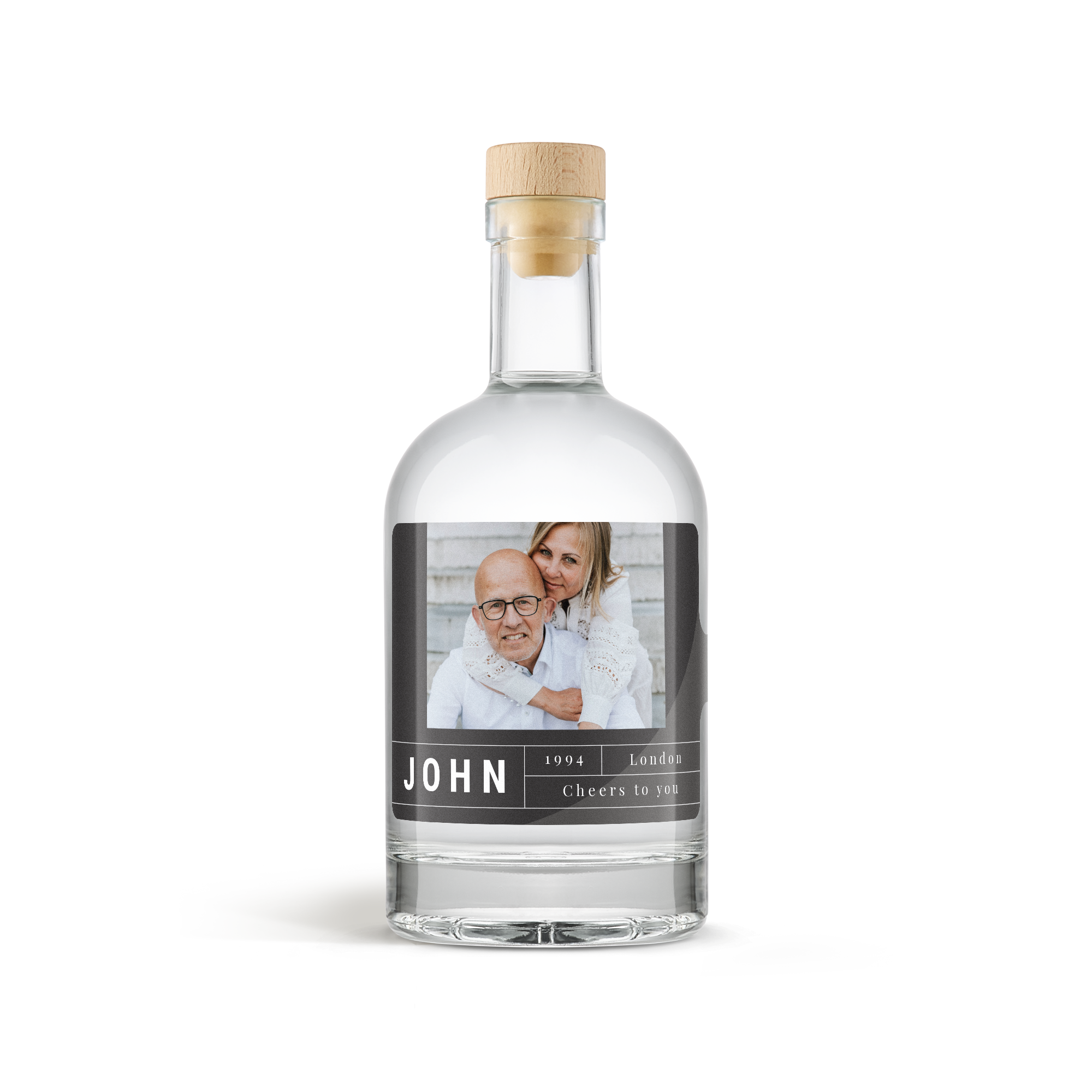 Sticlă de gin cu etichetă personalizată imprimată cu o fotografie de cuplu, numele JOHN, 1994, London, Cheers to you