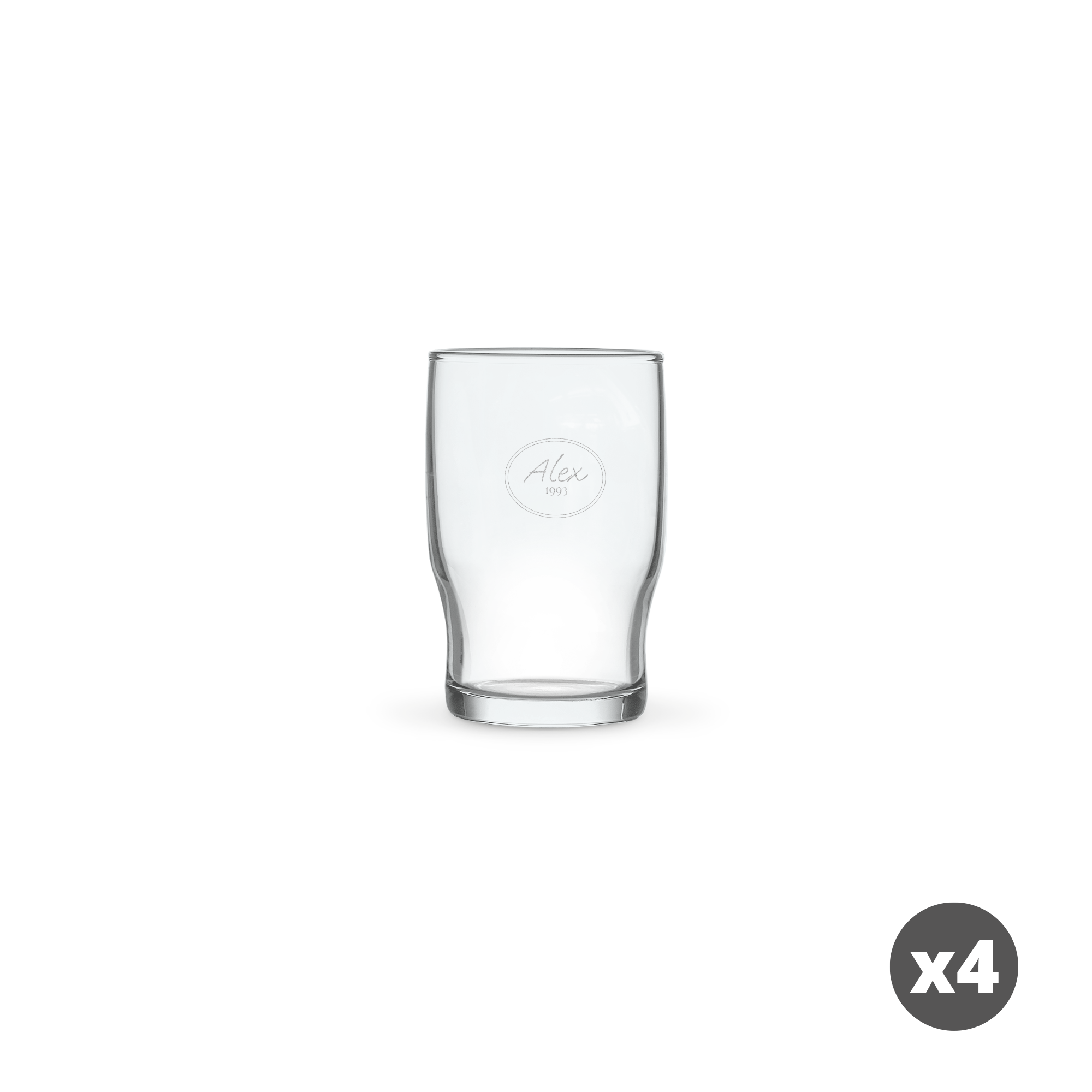 A personalised water glass engraved with the name Alex and the year 1993, sold as a set of four.