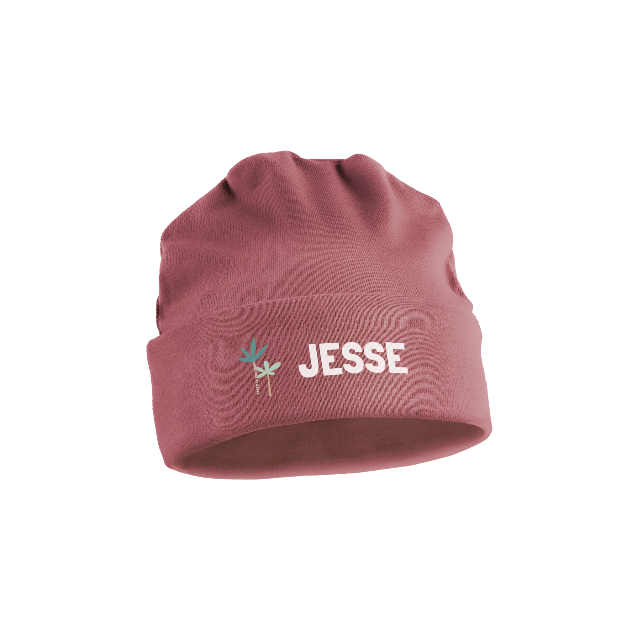 Rózsaszín nyomtatott baba sapka "JESSE" névvel és pálmafa mintával