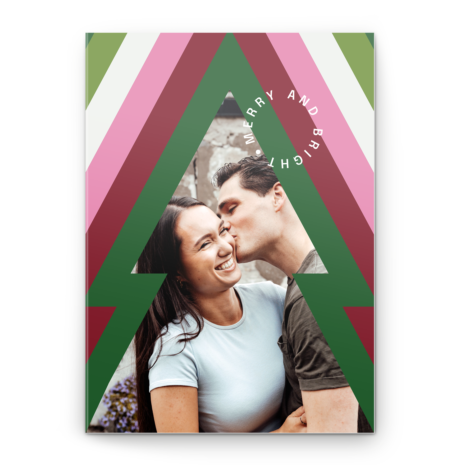 Personalized greeting card with a couple photo printed on the front, featuring "Merry and Bright" text