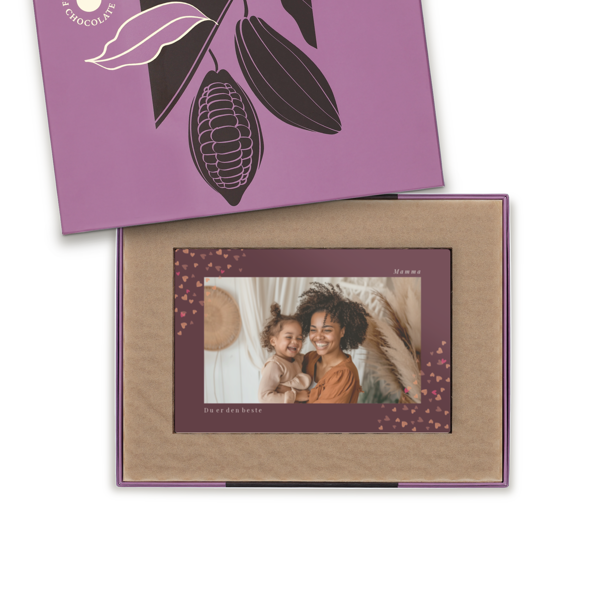 Personlig sjokoladebrev med et trykt bilde av en mor og et barn, teksten "Mamma" og "Du er den beste".