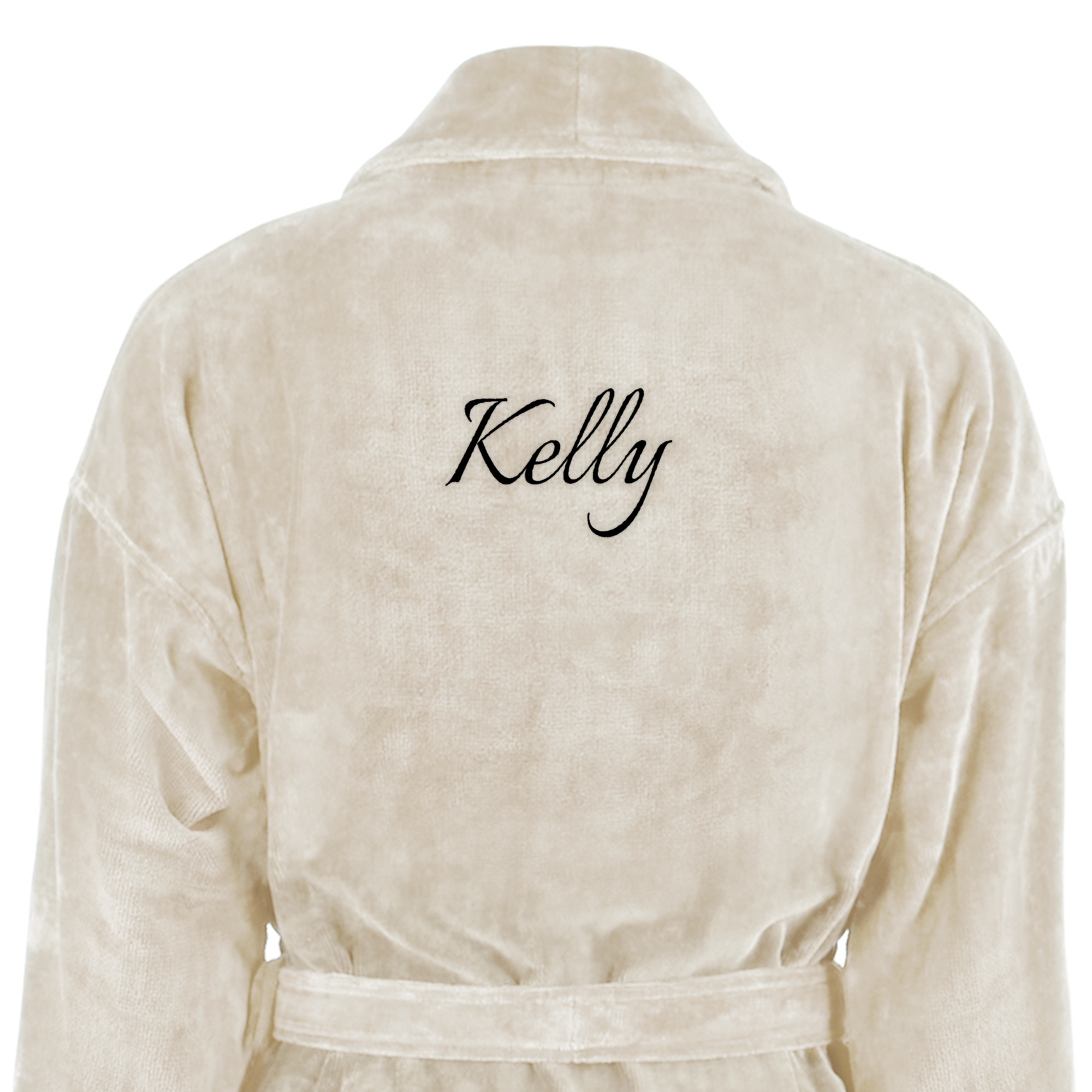 Luxe zandkleurige badstof badjas met de naam Kelly geborduurd.