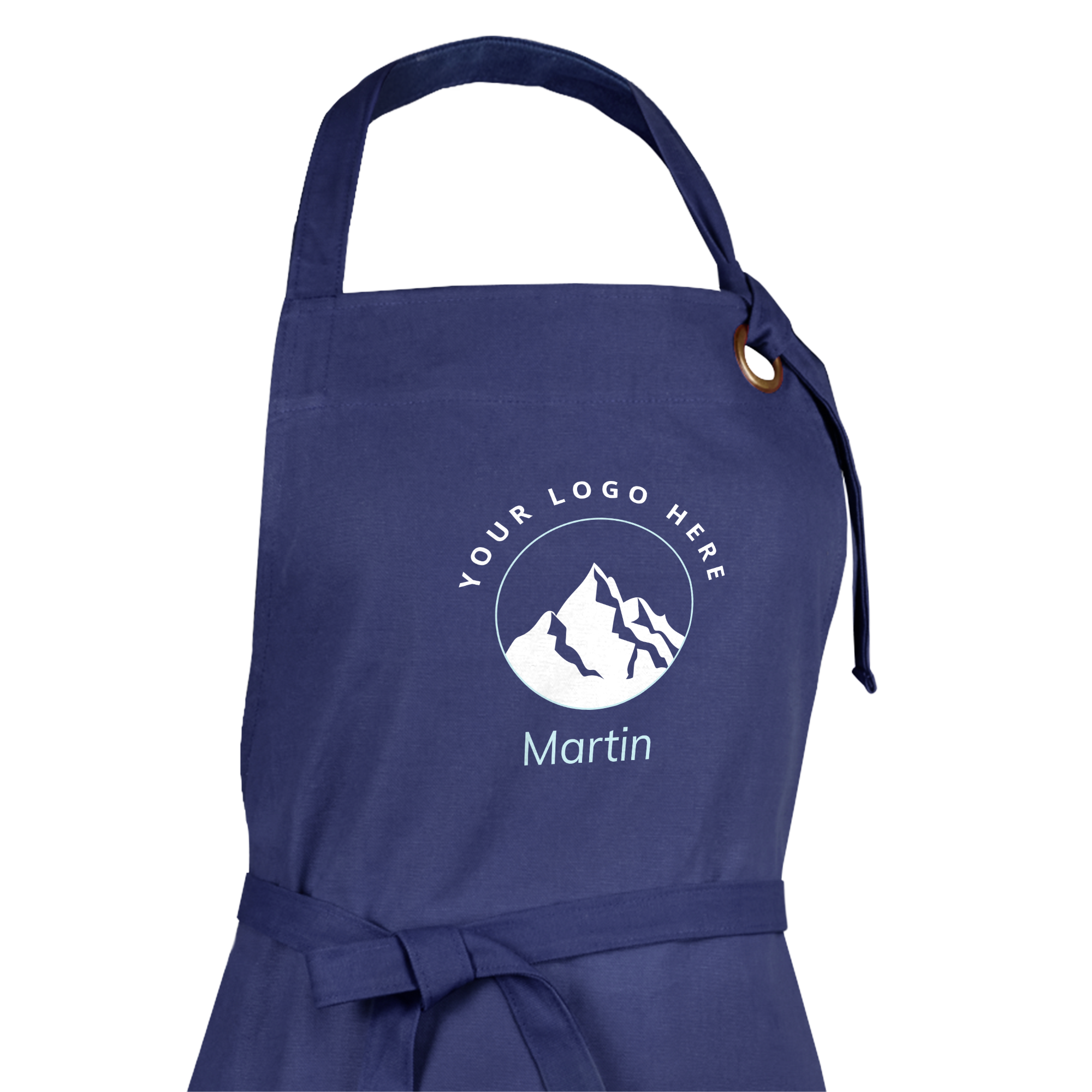 Grembiule da cucina blu personalizzato con logo di montagna stampato e testo Martin