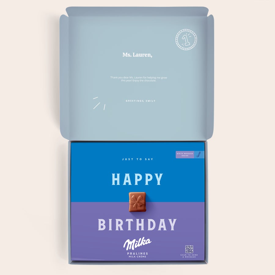 Milka Pralinky Pre učiteľa Personalizovaná darčeková krabička Milka s nápisom Happy Birthday a menom Ms. Lauren, vytlačená plnofarebne na mieru.
