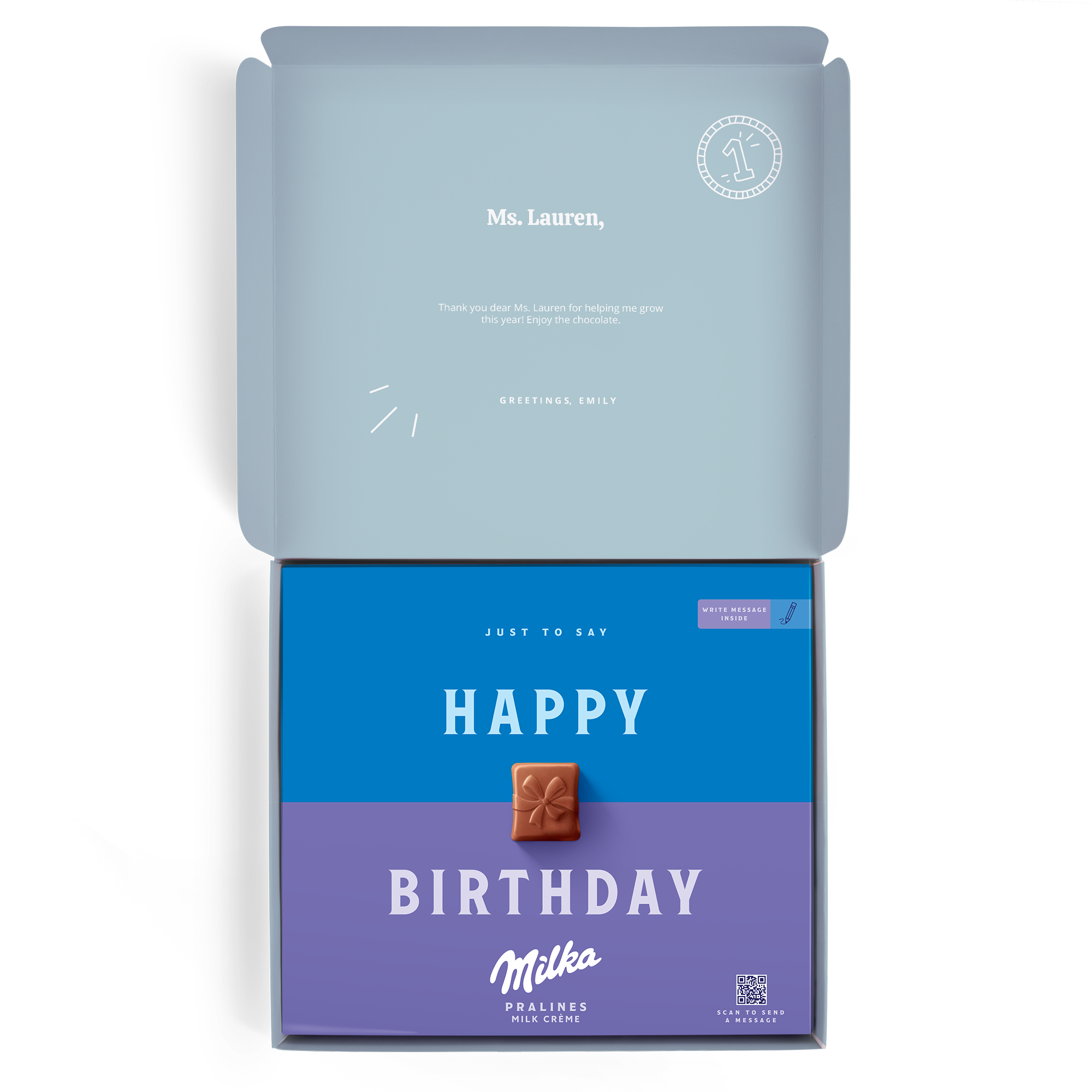 Confezione regalo Milka personalizzata per insegnante con messaggio di auguri stampato