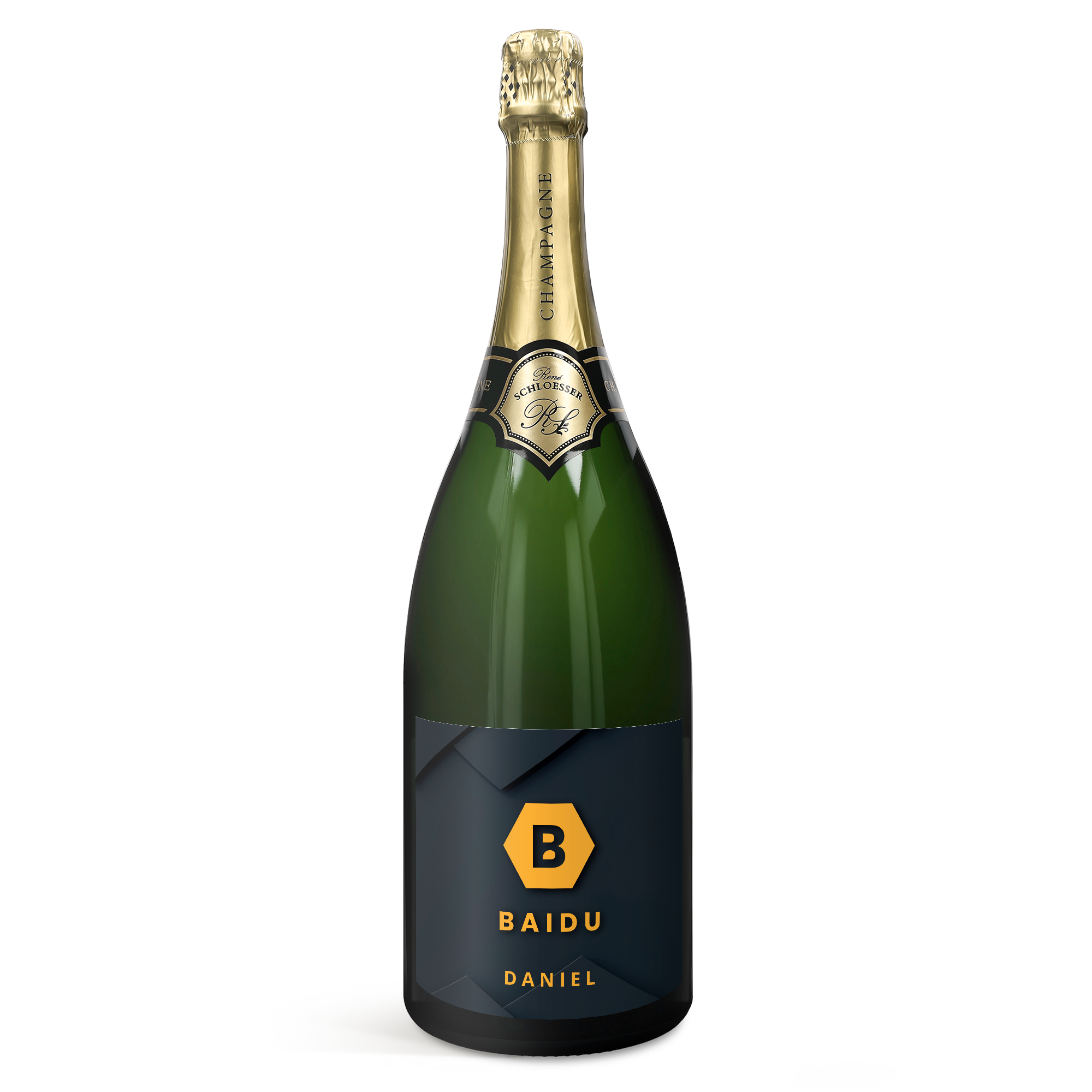 Green bottle of René Schloesser champagne with a dark blue personalised label featuring the text Baidu Daniel