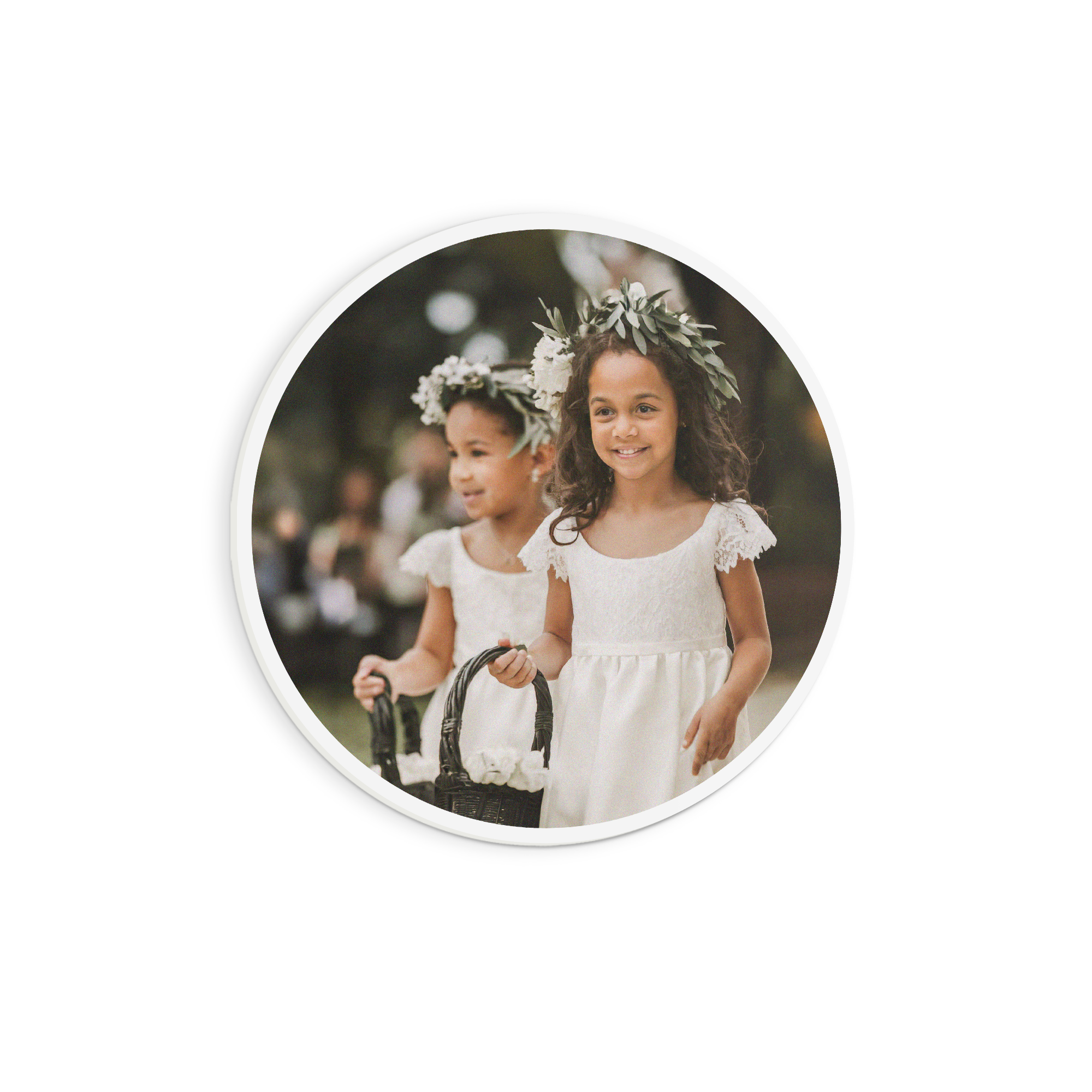 Round forex wall art panel printed with two flower girls in white dresses holding baskets, to decorate your wall with your design.