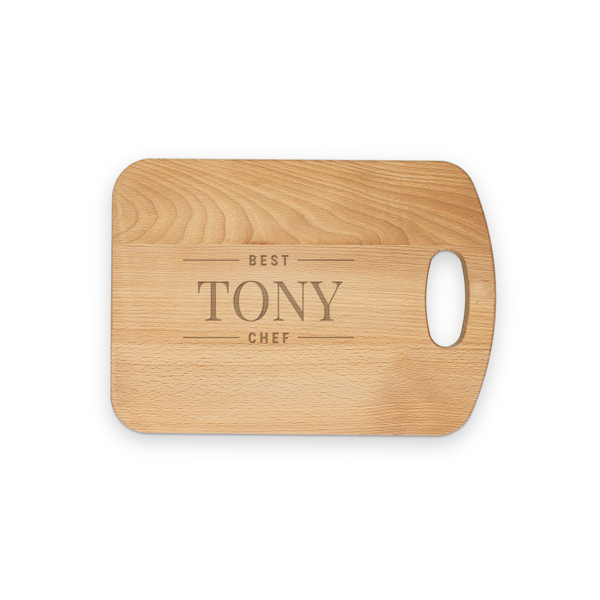 Planche à découper en bois personnalisée avec le texte gravé "BEST TONY CHEF" et une poignée.