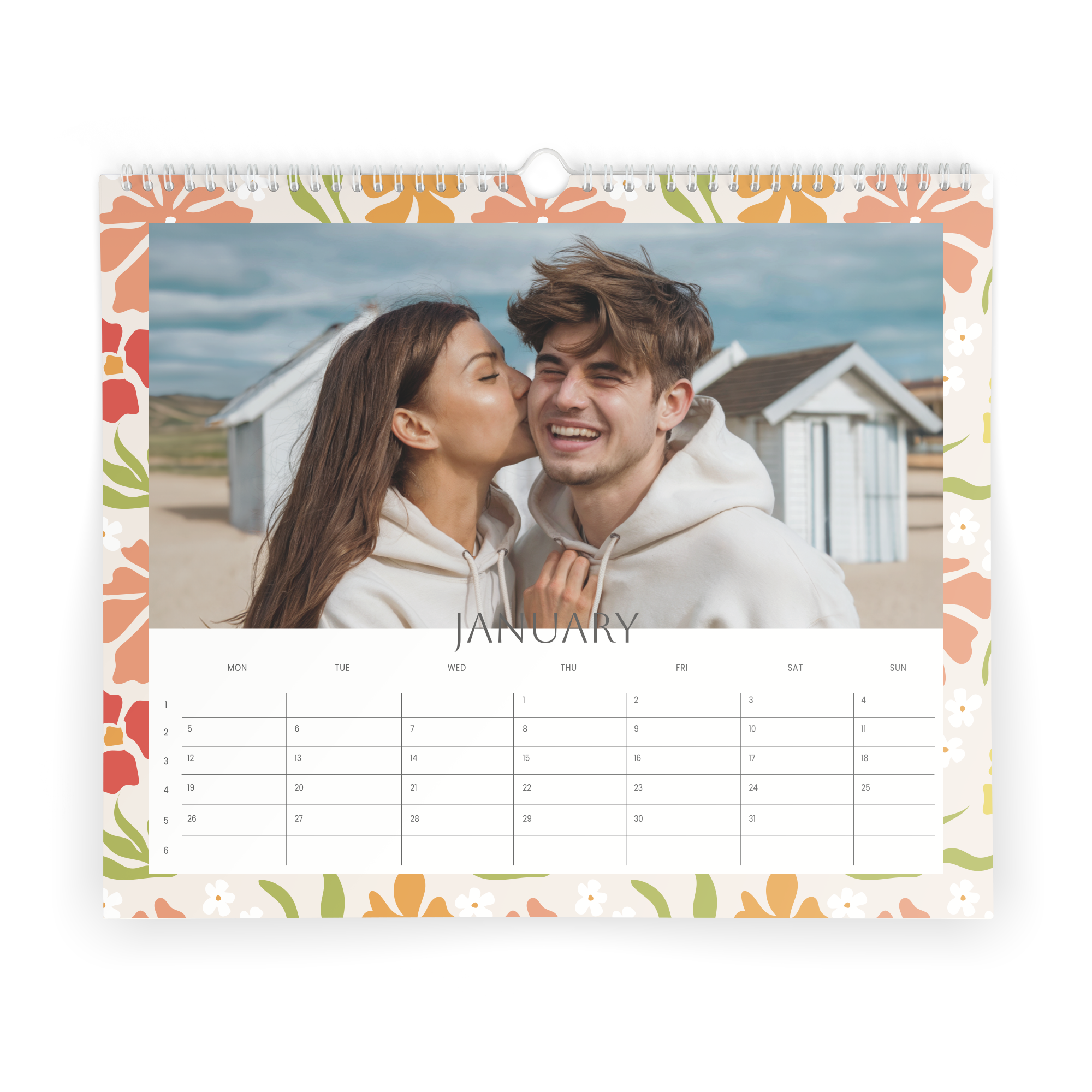 Calendário personalizado 2026 com foto de casal feliz, borda floral e mês de Janeiro.