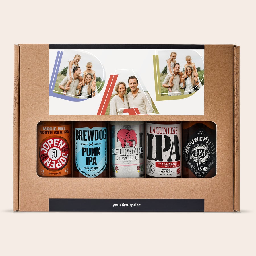 Personalised Beer Gift Set Personalized microbrewery beer gift set with five craft beers and a custom photo printed on the box