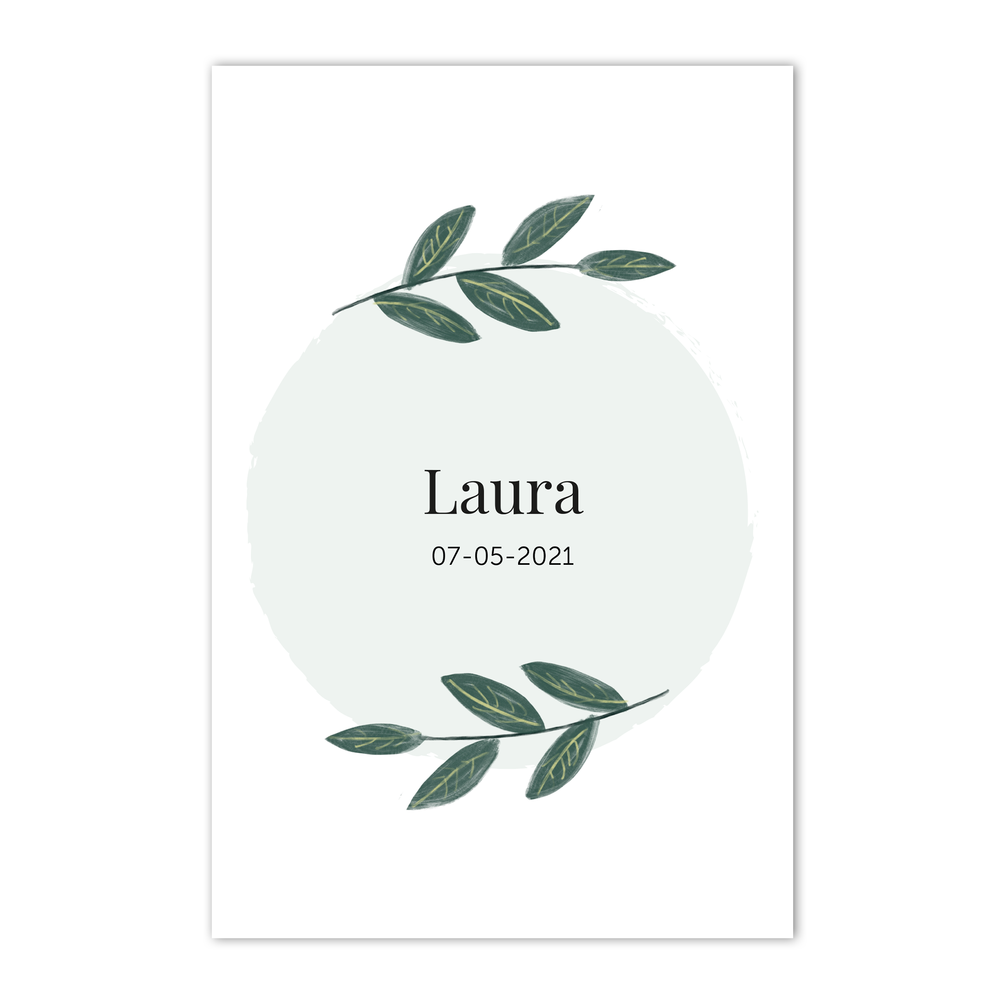 Geburtsposter mit dem Namen Laura und dem Datum 07-05-2021, gedruckt auf satinähnlichem Papier mit Blätter-Design