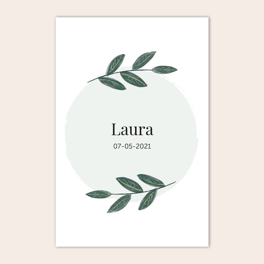 Personalizowany plakat dla niemowlaka - znak zodiaku Personalizowany plakat z imieniem noworodka Laura i datą 07-05-2021, wydrukowany z zielonymi liśćmi otaczającymi imię