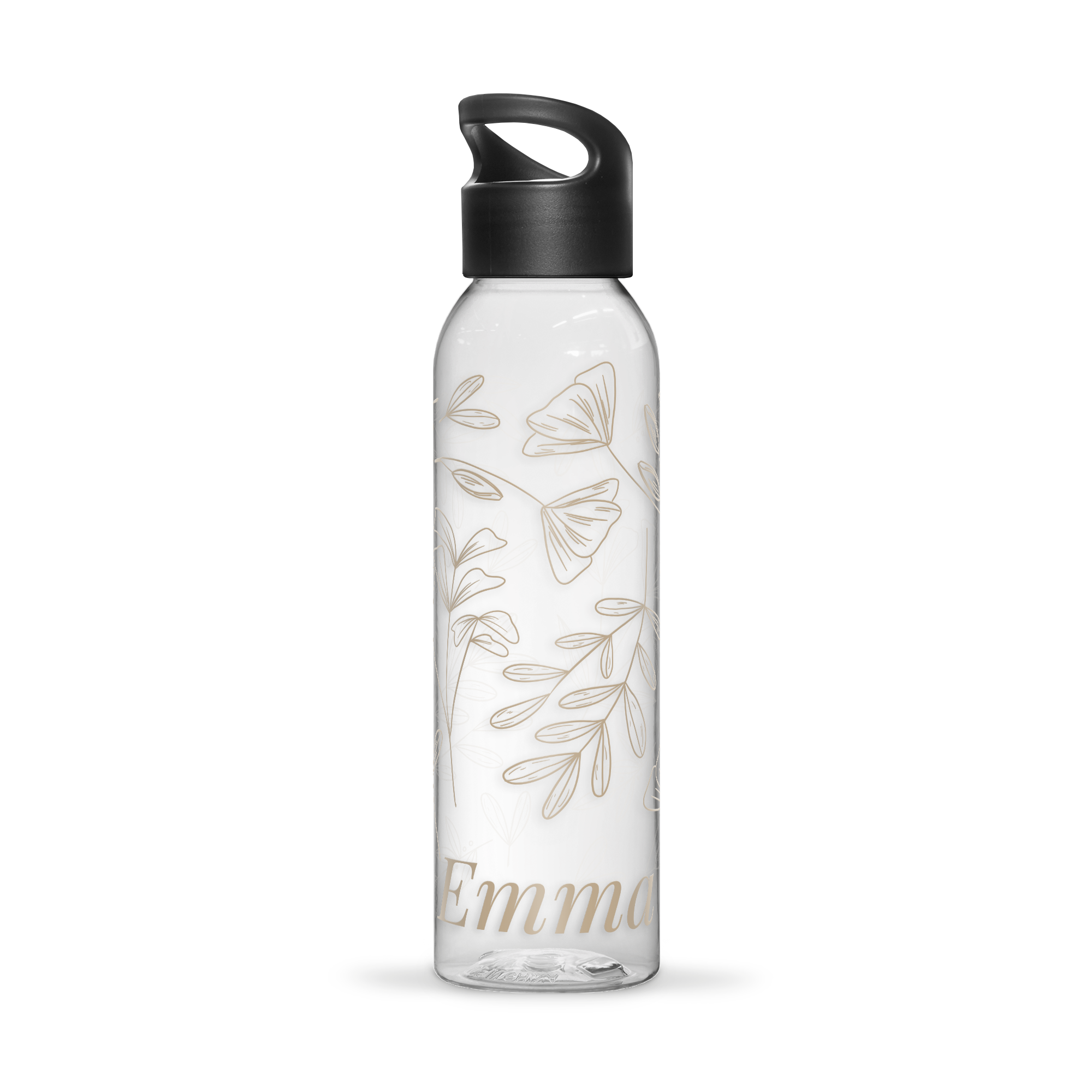 Černá láhev na vodu s motivem listů a jménem Emma, personalizovaný tisk pro jedinečný design.