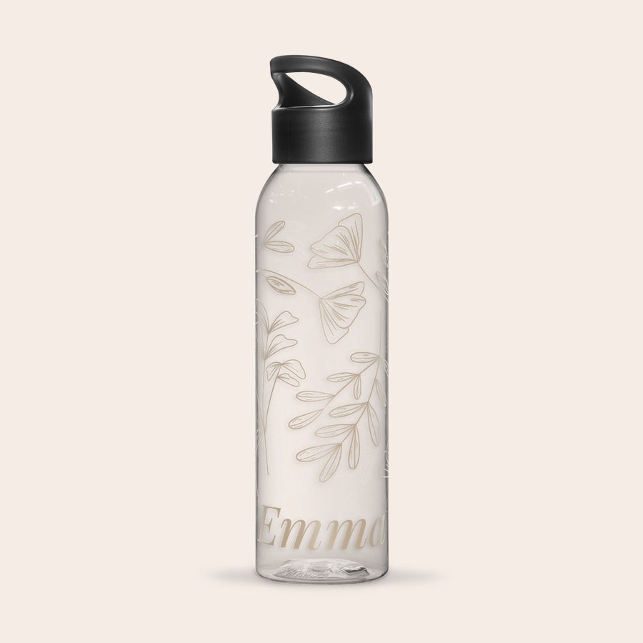 Sticlă de apă - Imprimate Sticla de apă neagră personalizată cu design floral auriu imprimat și numele Emma