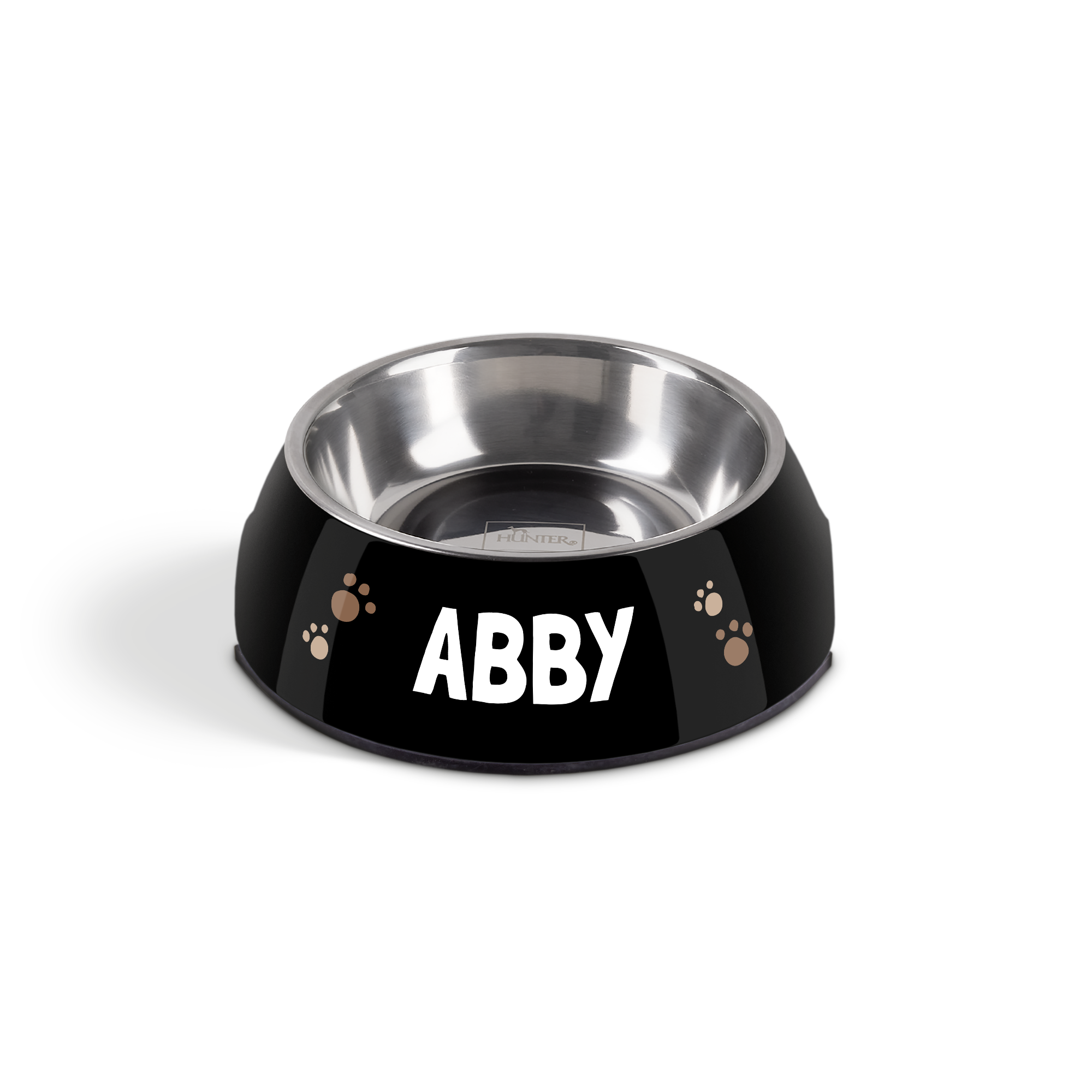 Svart personlig matskål med en avtagbar insats i rostfritt stål, tryckt med namnet ABBY och tassar.