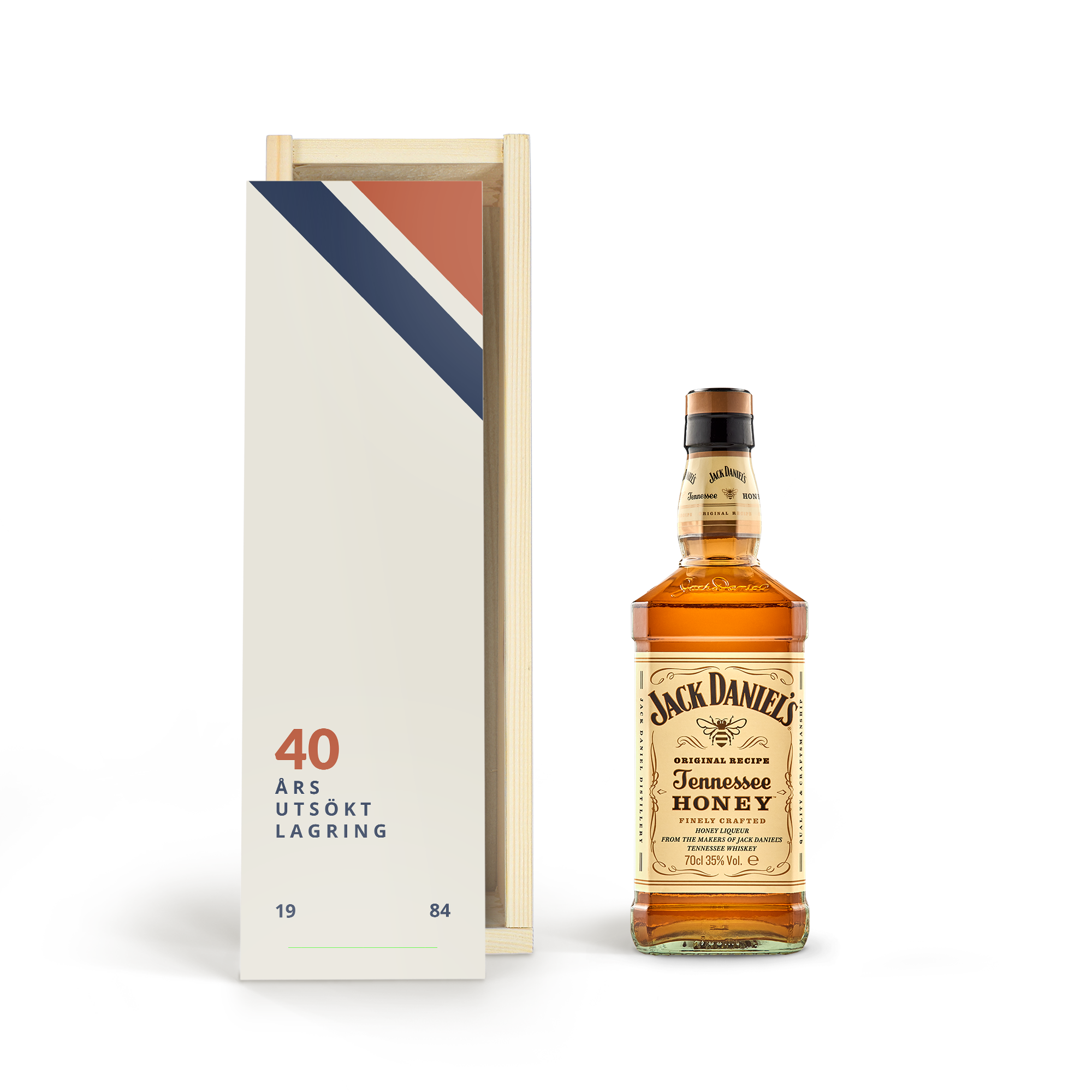 Jack Daniels Honey Bourbon whisky i personlig träväska