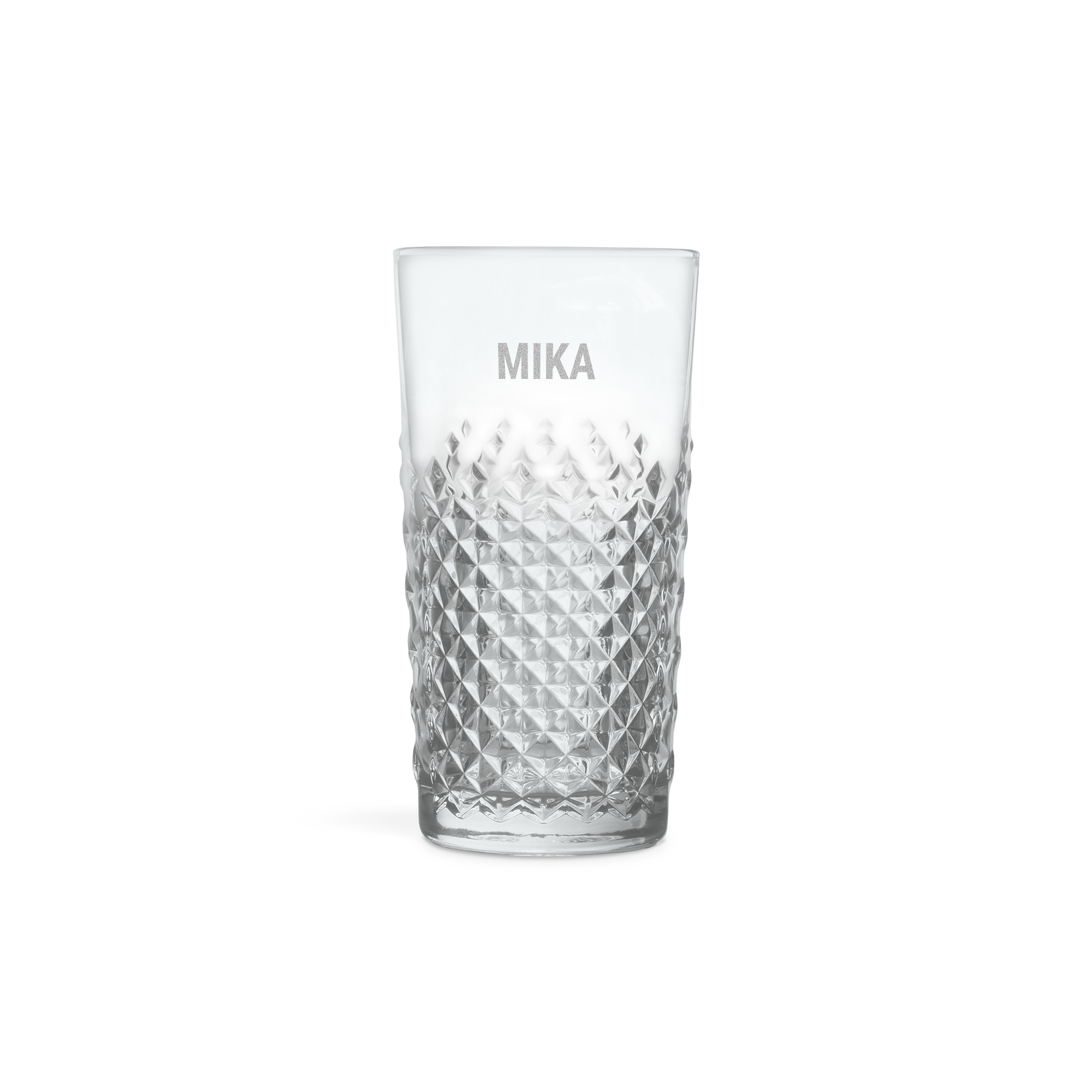 Cocktailglas mit Rautenmuster, laser-graviert mit dem Namen Mika, ideal für einen personalisierten Mojito.