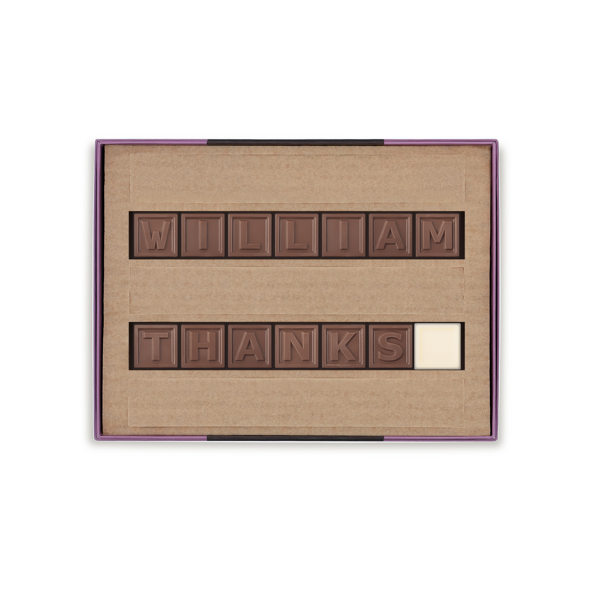 Telegrama de chocolate con el mensaje "WILLIAM THANKS" en una caja de regalo, un delicioso mensaje en chocolate.