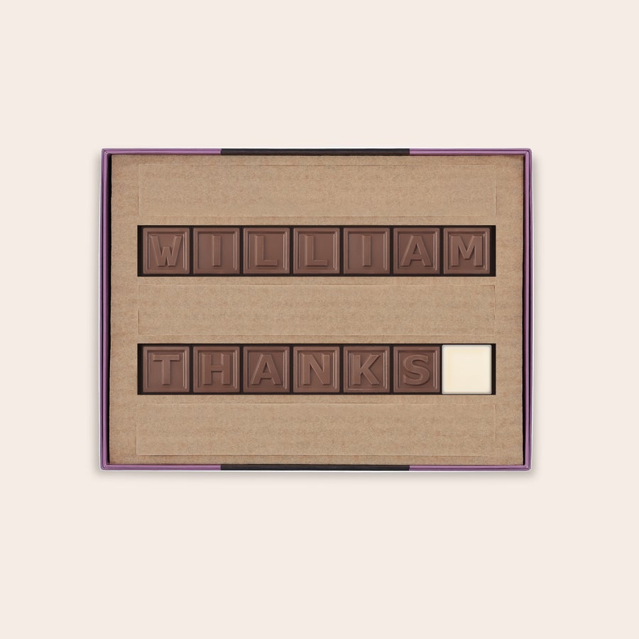 Telegramma di Cioccolato Telegramma di cioccolato personalizzato con le parole WILLIAM THANKS in cioccolato al latte e uno spazio in cioccolato bianco