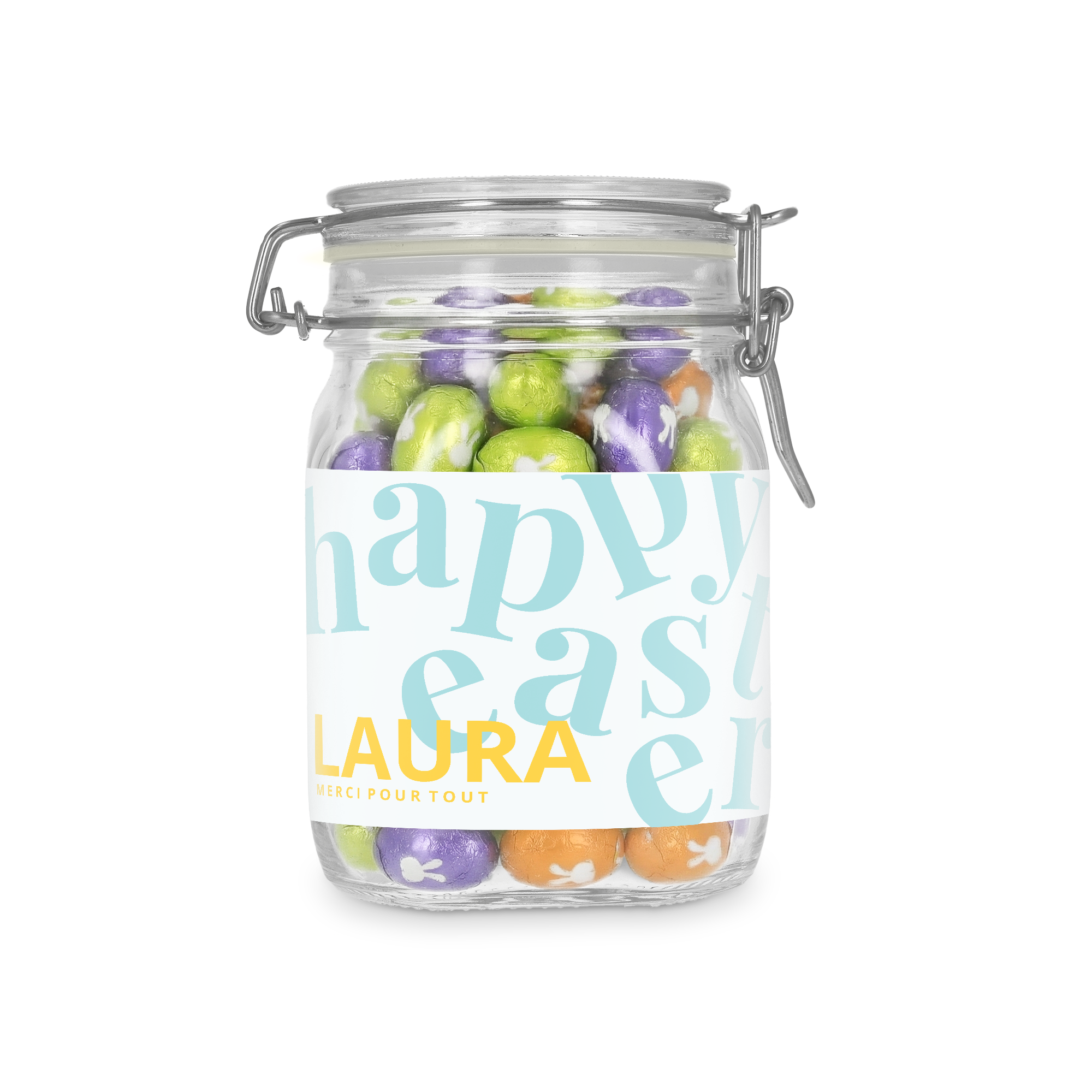 Bocal à bonbons personnalisé 1l Œufs en chocolat. Étiquette imprimée joyeuses Pâques avec le prénom Laura