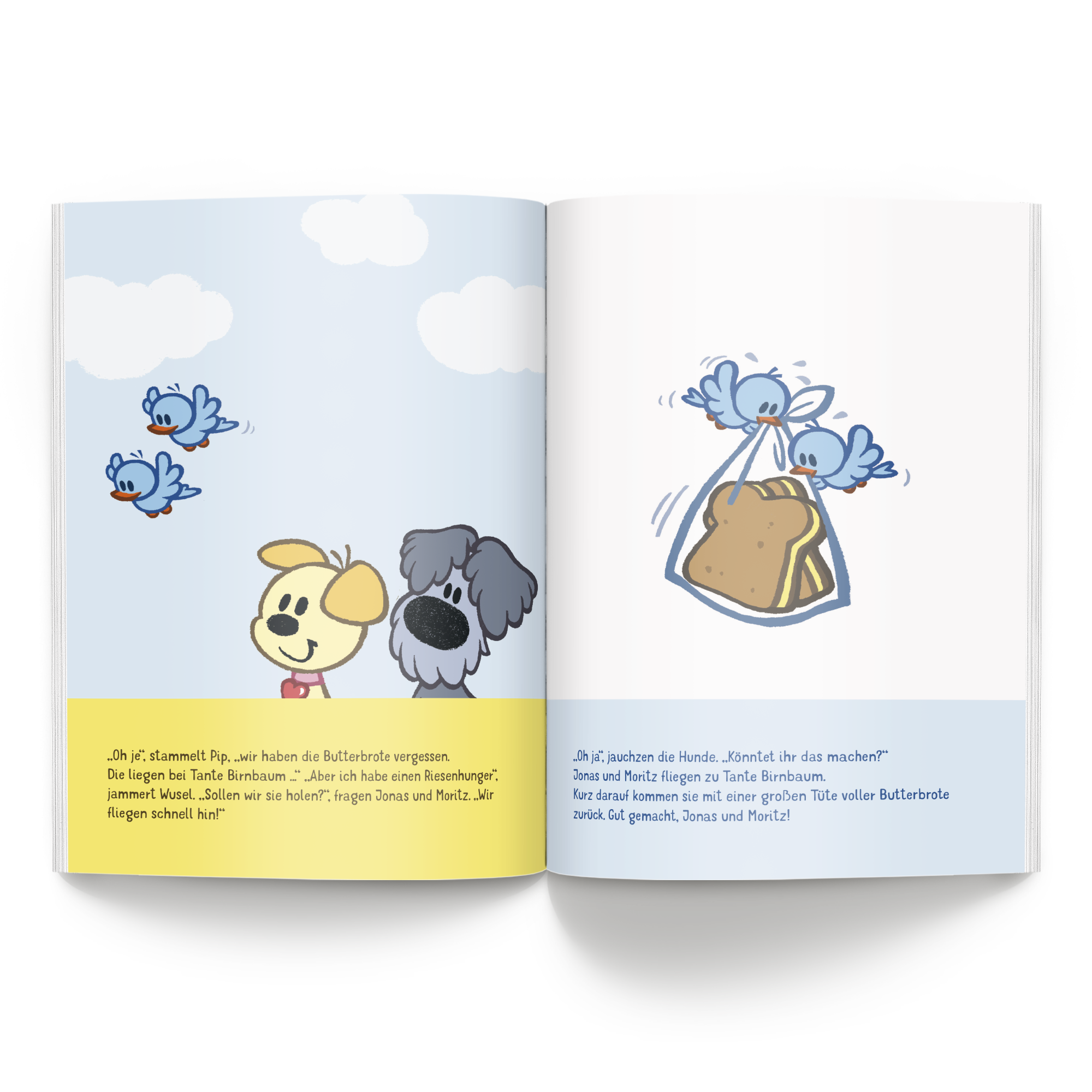 Personifiziertes Kinderbuch Geschwister/Zwillinge - Wusel & Pip und ihre neuen Freunde - XL Softcover mit den Namen Jonas und Moritz im Text, das auf dem Bild zu sehen ist.
