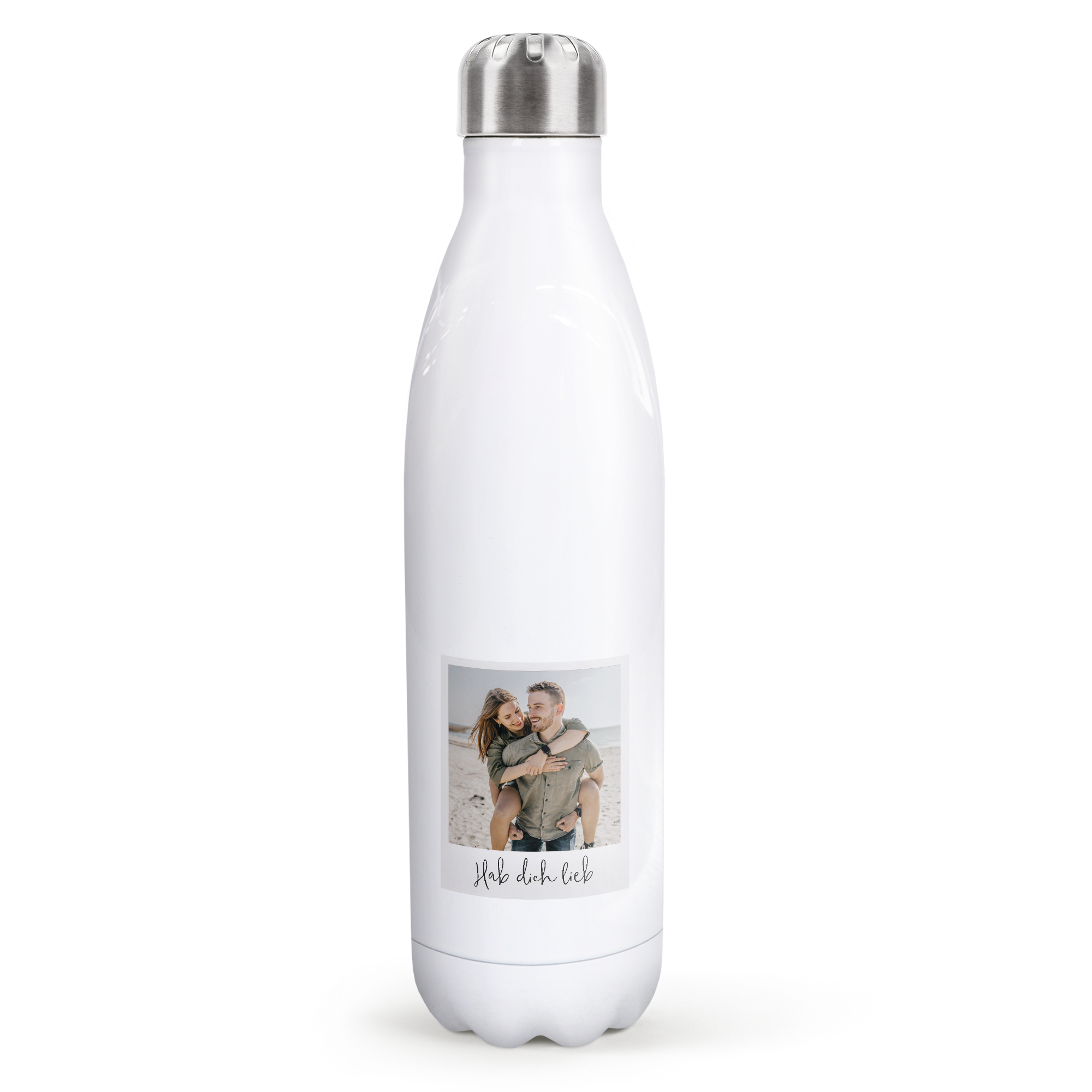 Weiße personalisierte isolierte Wasserflasche mit Foto eines Paares und der Aufschrift "Hab dich lieb" bedruckt