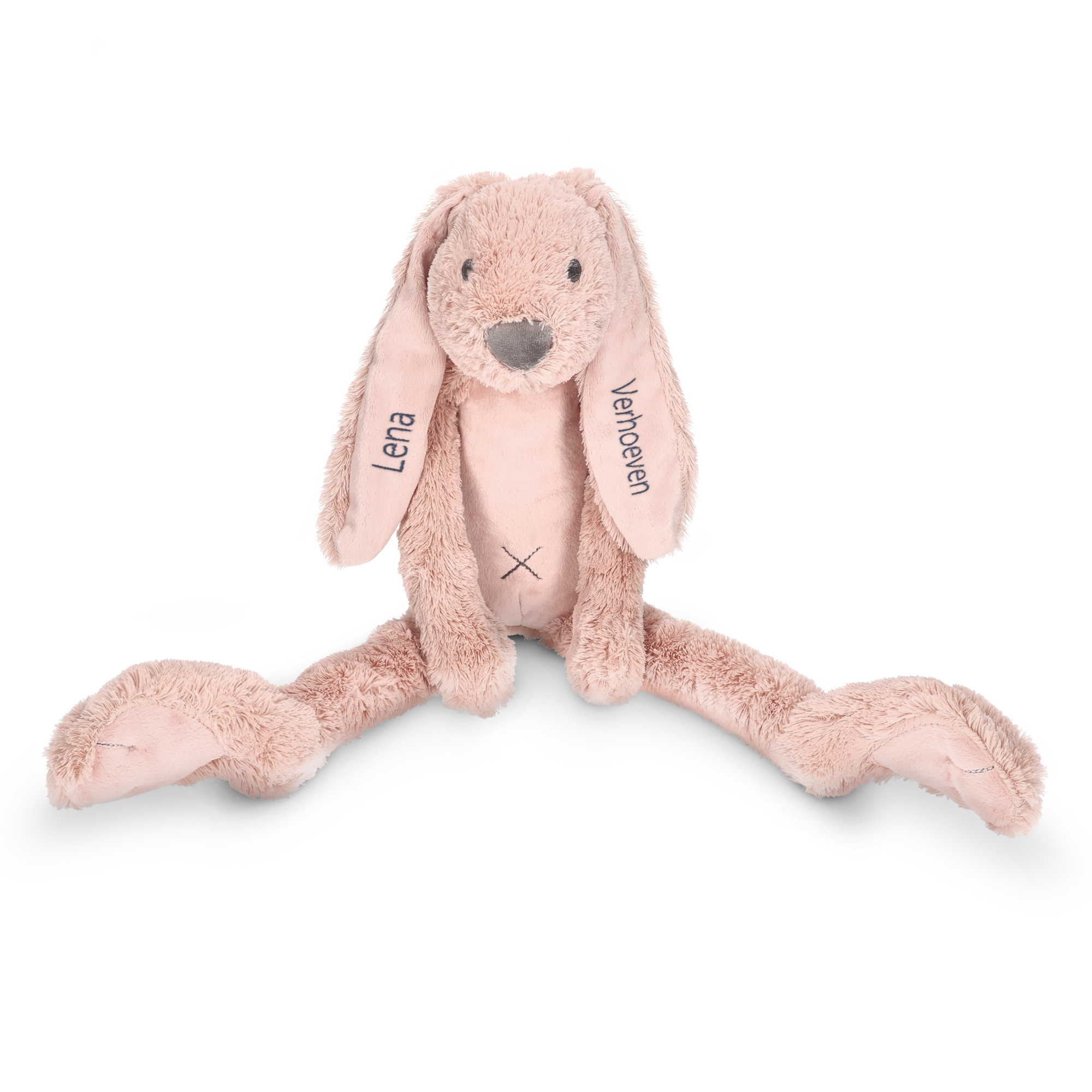 Zacht roze Happy Horse knuffelkonijn Richie met geborduurde namen Lena en Verhoeven in de oren, ideaal om lekker te knuffelen.