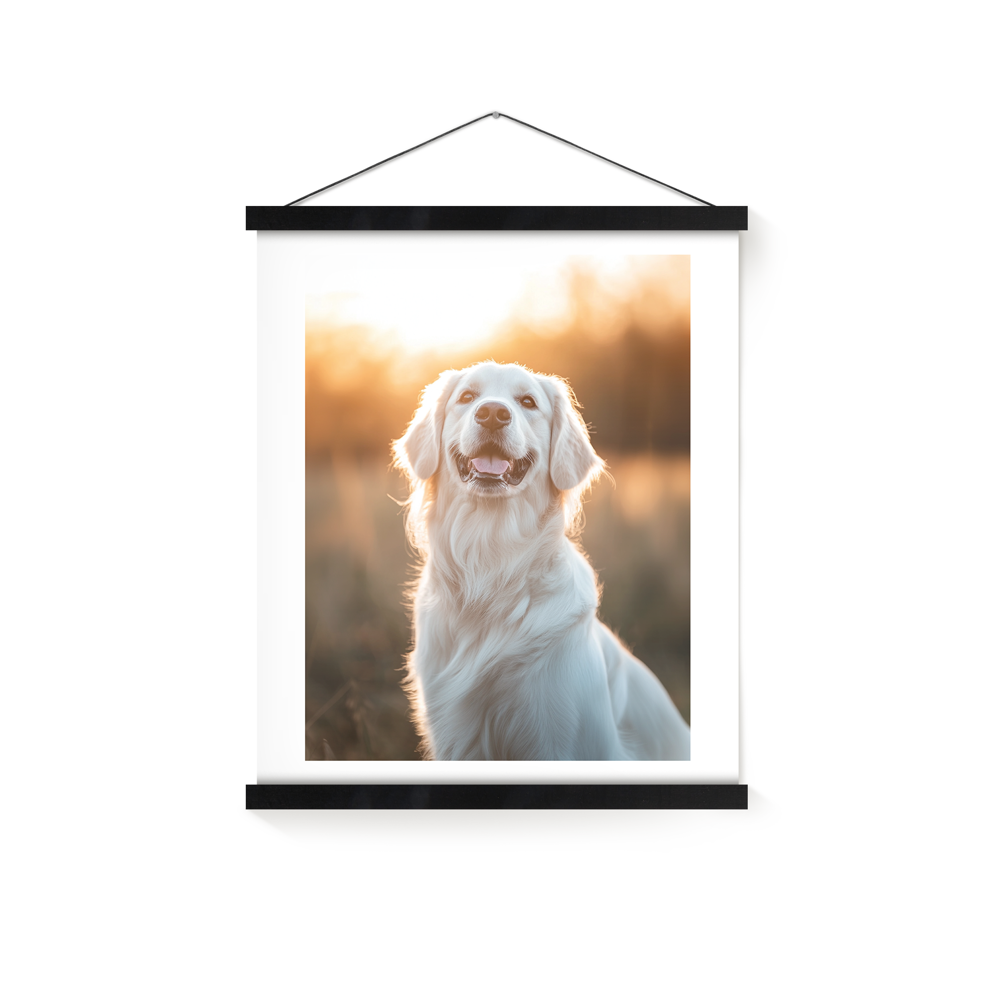 Magnetisk affischhängare i ek med personlig fotoaffisch av en golden retriever i solnedgången