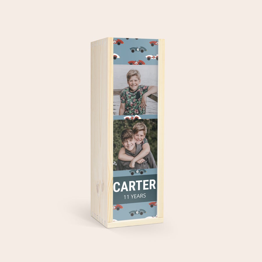 Personalised Children's Bubbly - Kidibul Personalized children's champagne in a wooden case printed with photos of kids and the name CARTER 11 YEARS