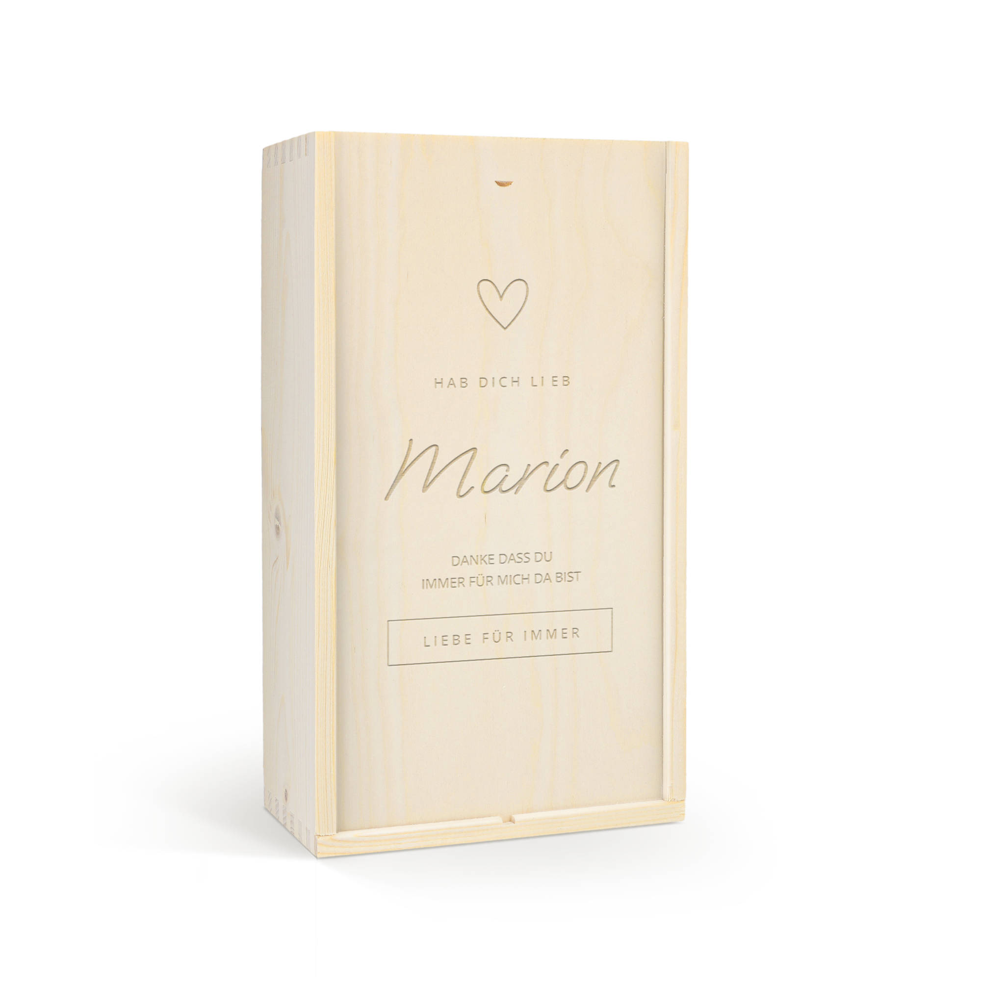 Edle Weinkiste für 2 Flaschen mit Gravur "Hab dich lieb, Marion, Liebe für immer" und Herzmotiv