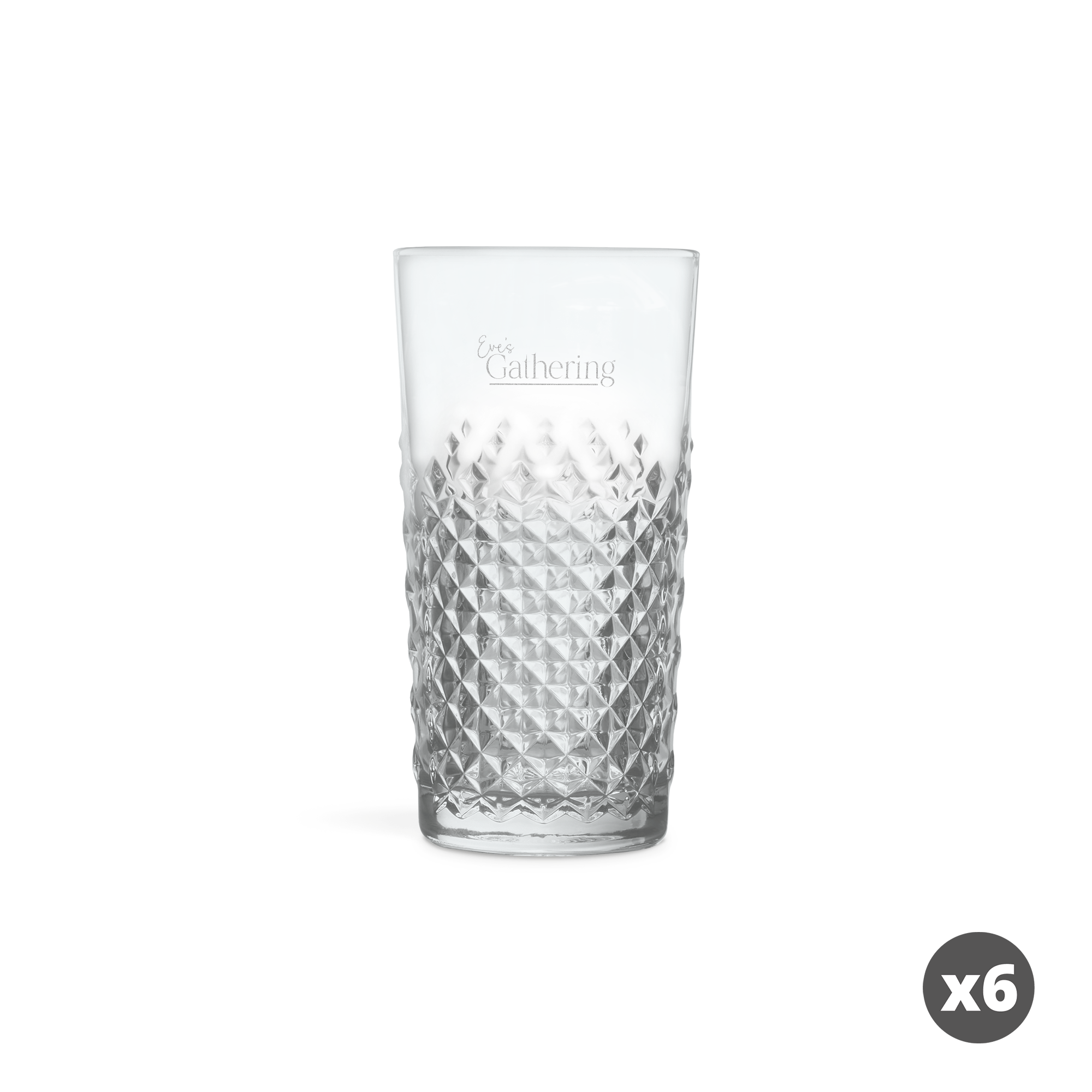 Copo de mojito personalizado com textura de diamante e o texto "Every Gathering" gravado.