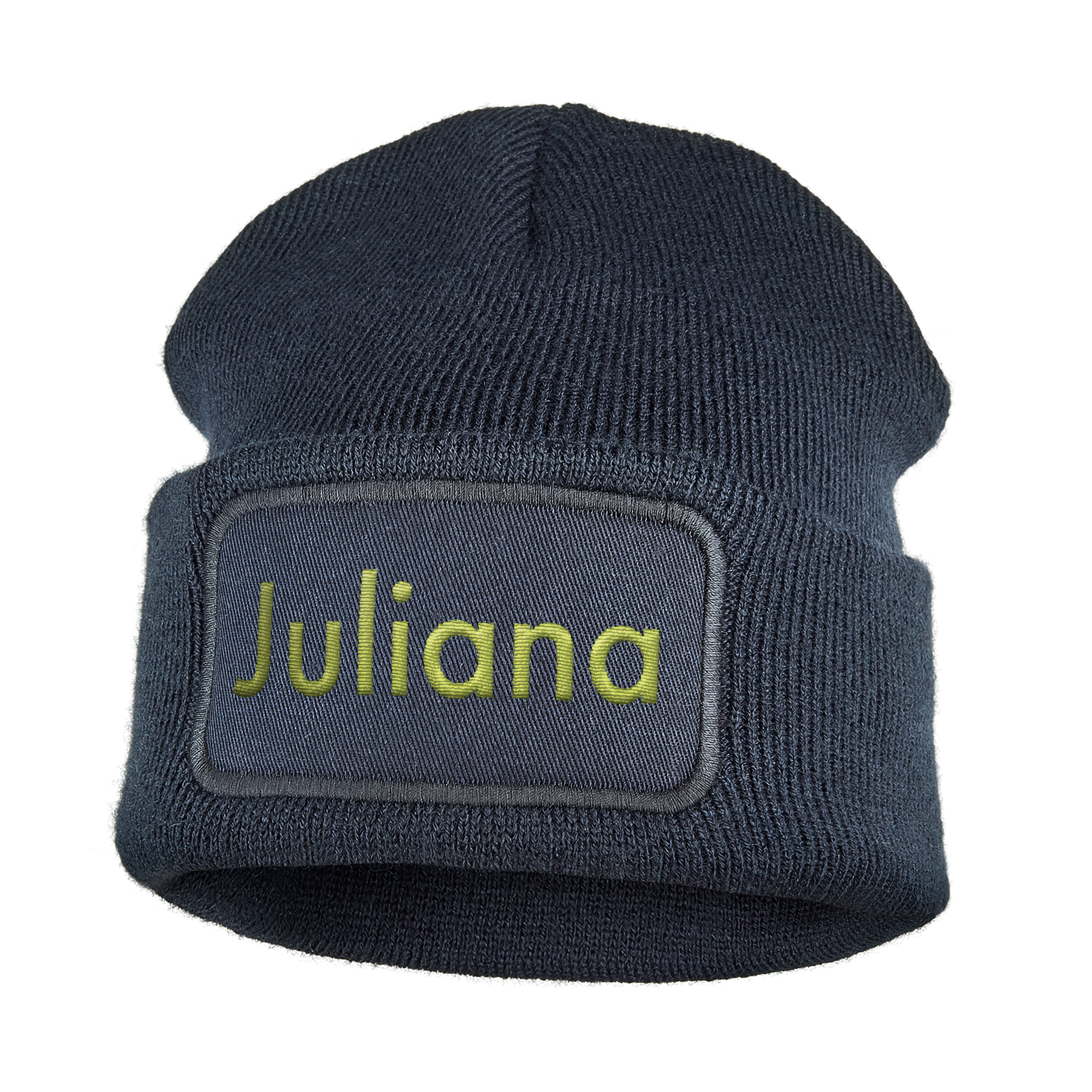 Gorro infantil azul marinho com nome Juliana bordado em verde limão para manter as orelhas aquecidas