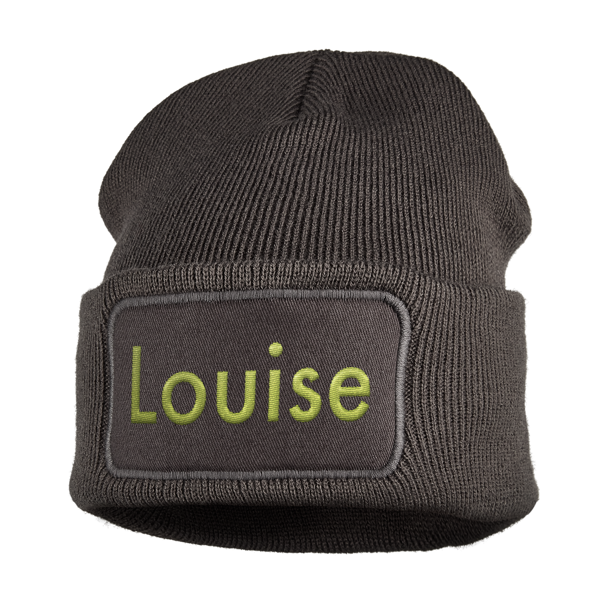 Dark gray beanie with "Louise" embroidered in bright green thread on a sewn-on patch for a personalized beanie.