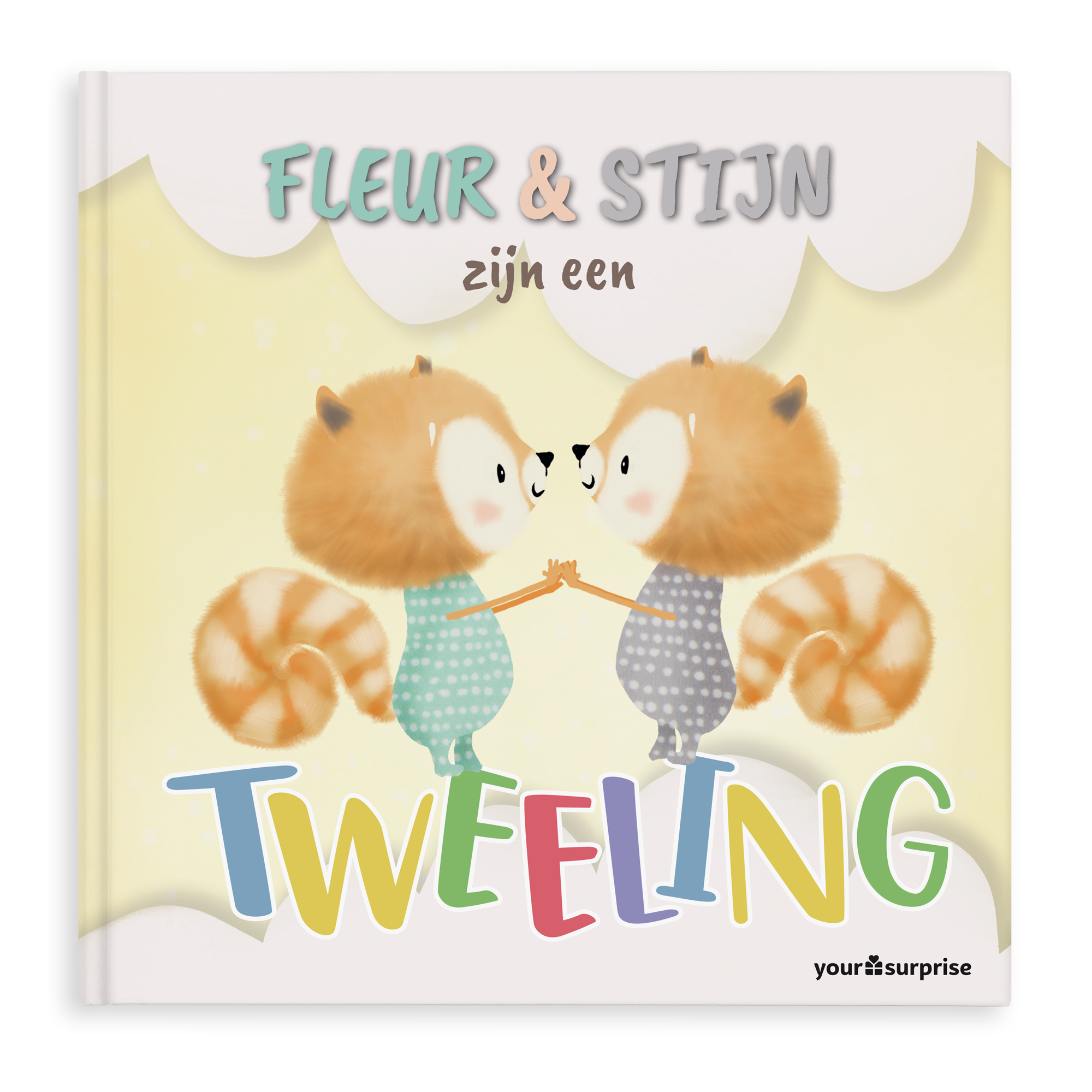 Gepersonaliseerd voorleesboek voor een tweeling met de namen Fleur & Stijn en twee eekhoorns op de kaft.