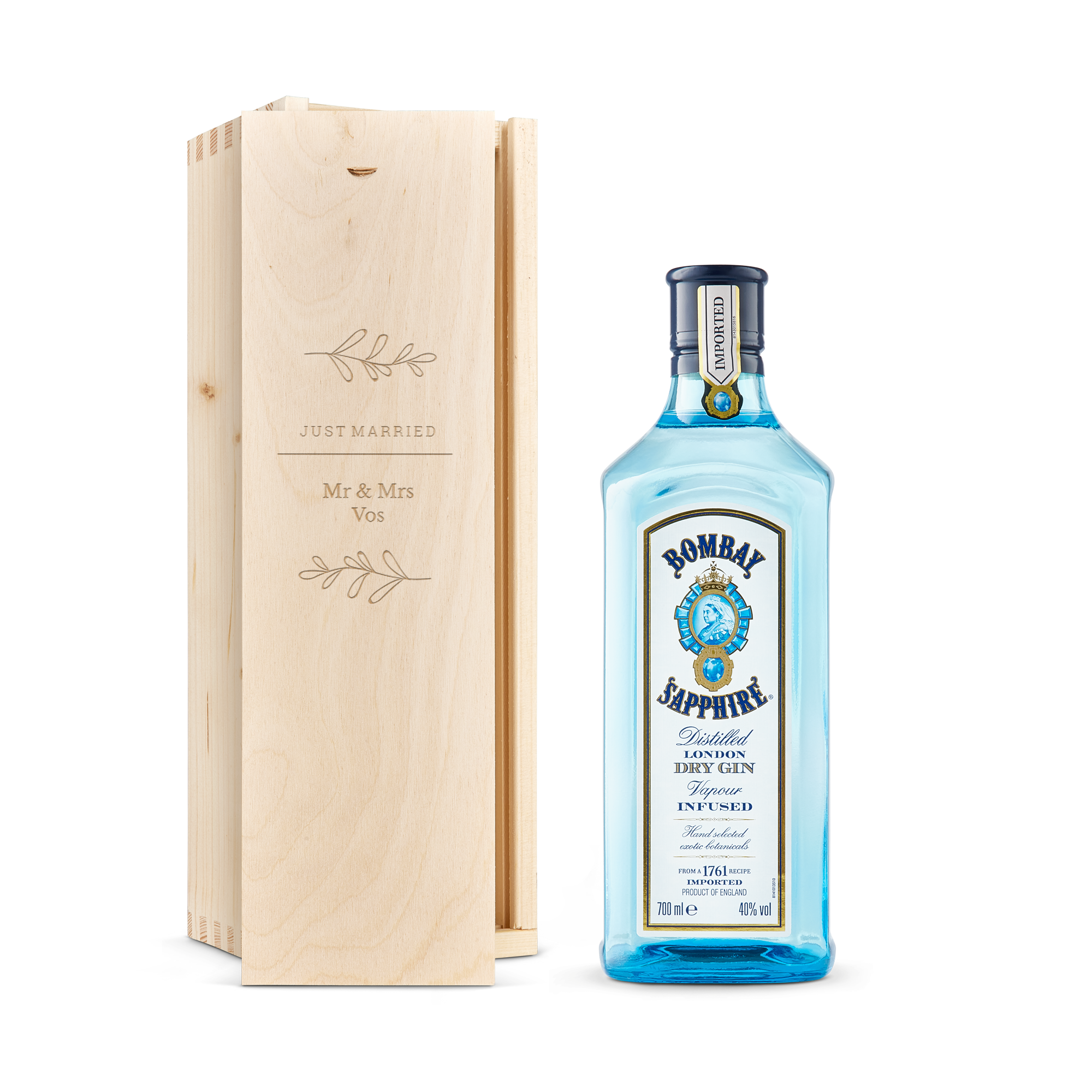 Gin in gegraveerde kist - Bombay Sapphire